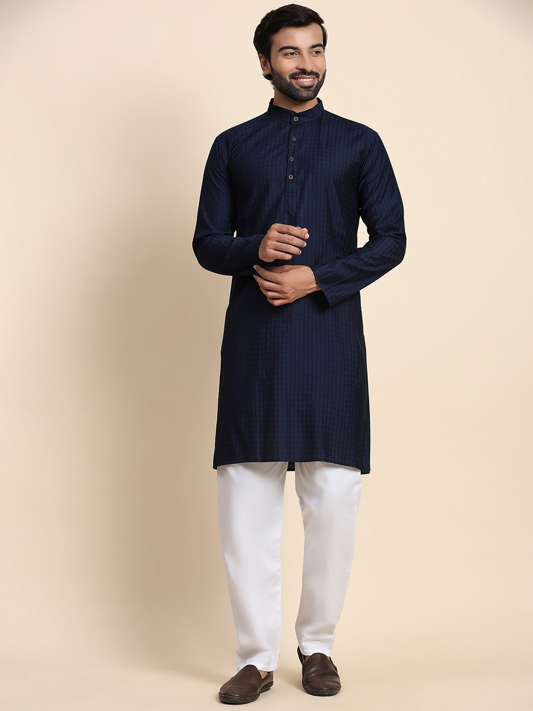 

Rawayi Ethnic Motifs Woven Design Band Collar Pure Cotton Straight Kurta, Navy blue
