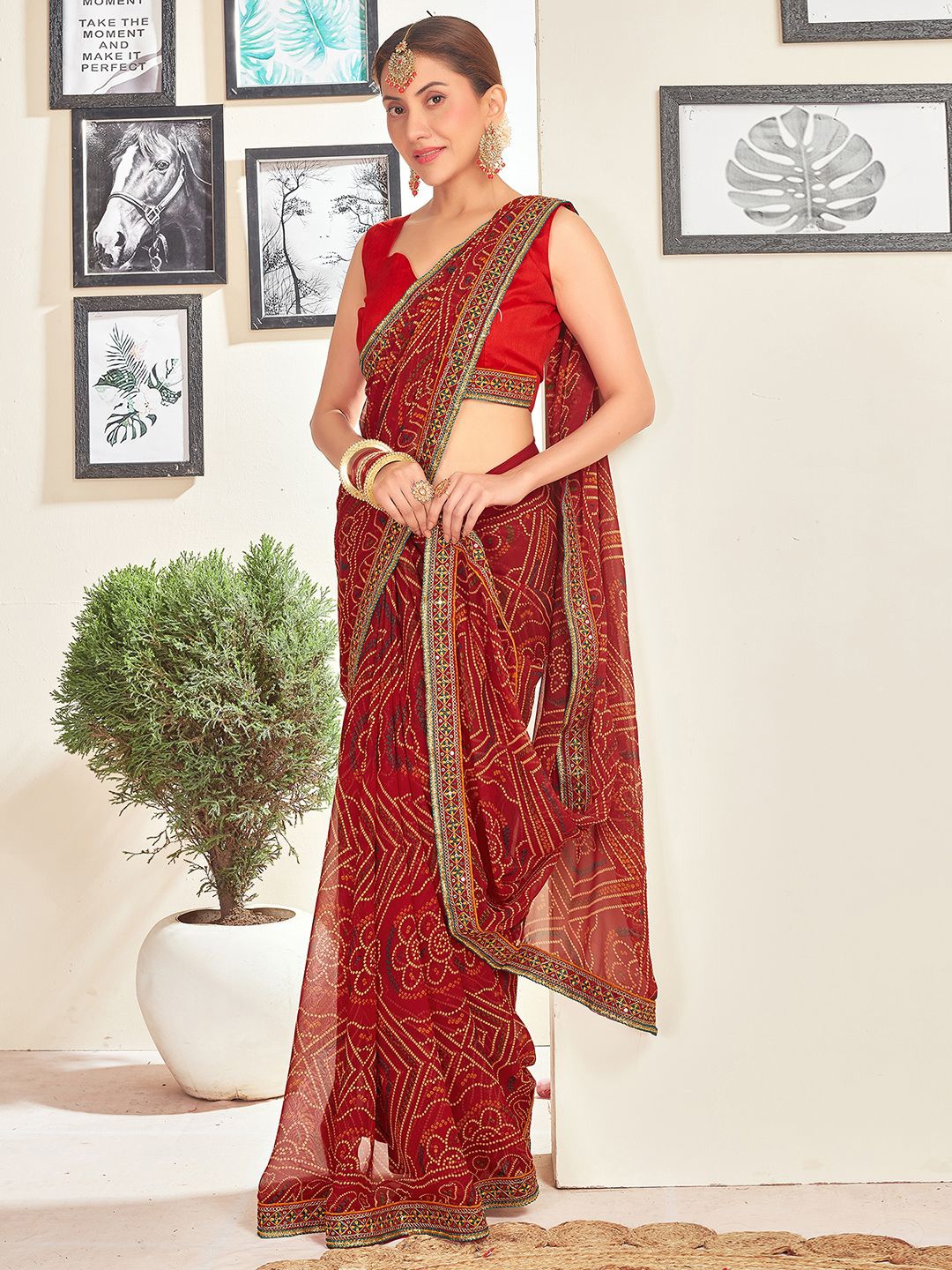 

all about you Sequinned Pure Georgette Bandhani Saree, Red