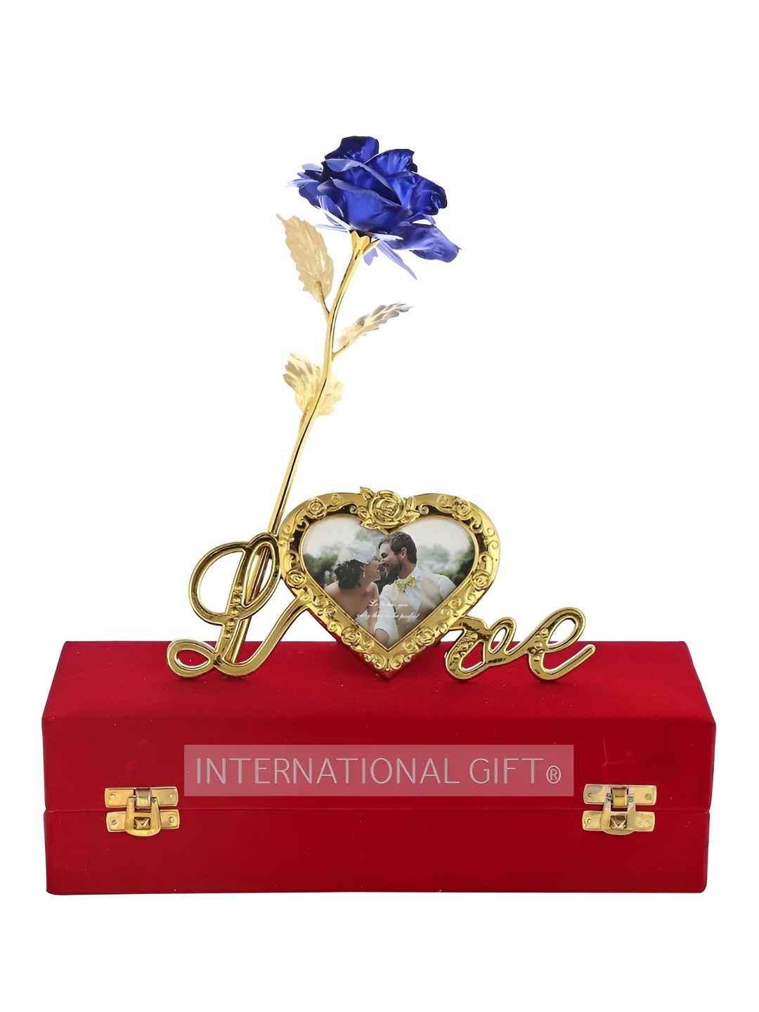 

INTERNATIONAL GIFT Purple Artificial Rose with Love Shape Photo Frame Stand