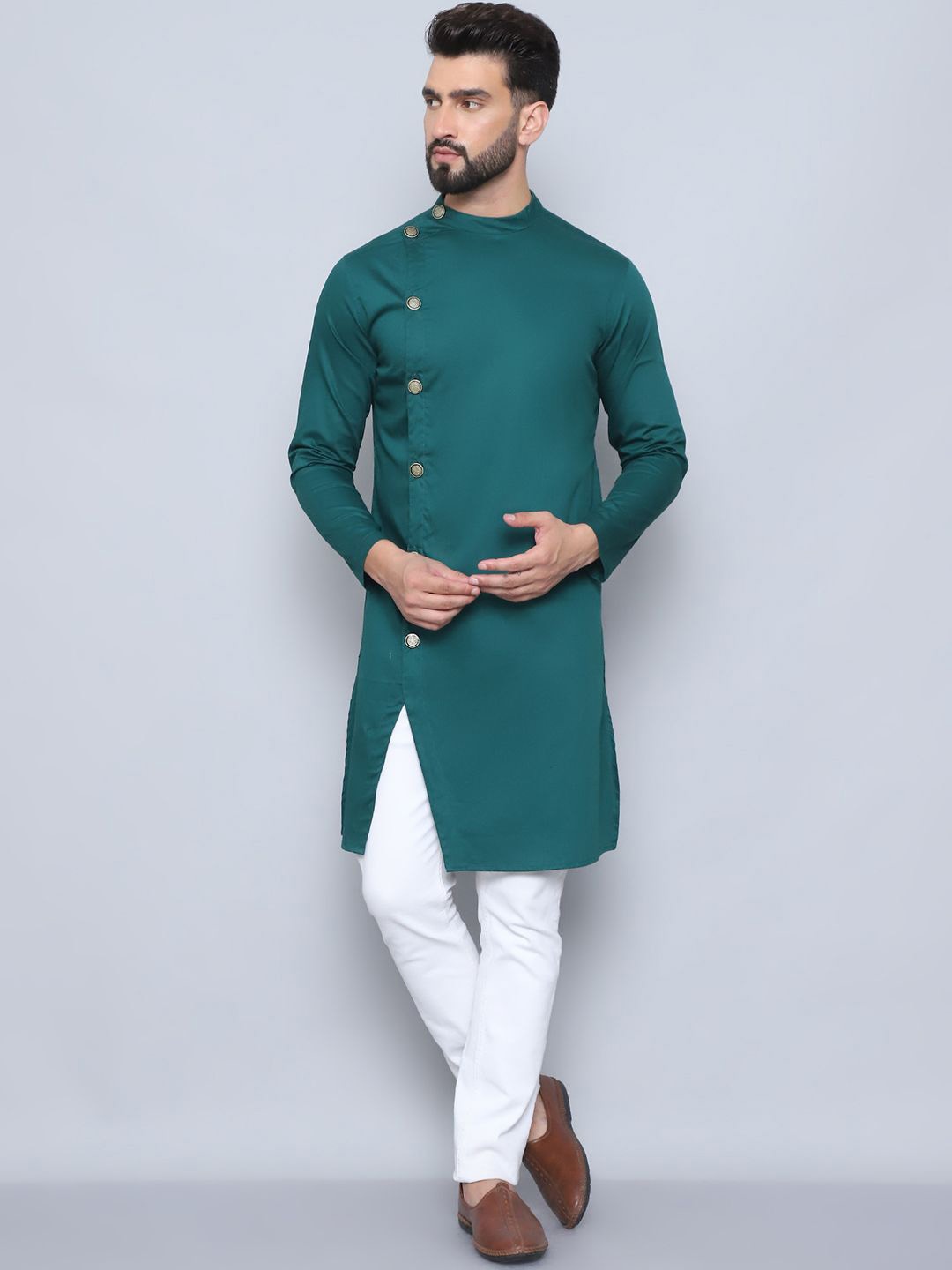 

even Band Collar Pure Cotton Straight Kurta, Green