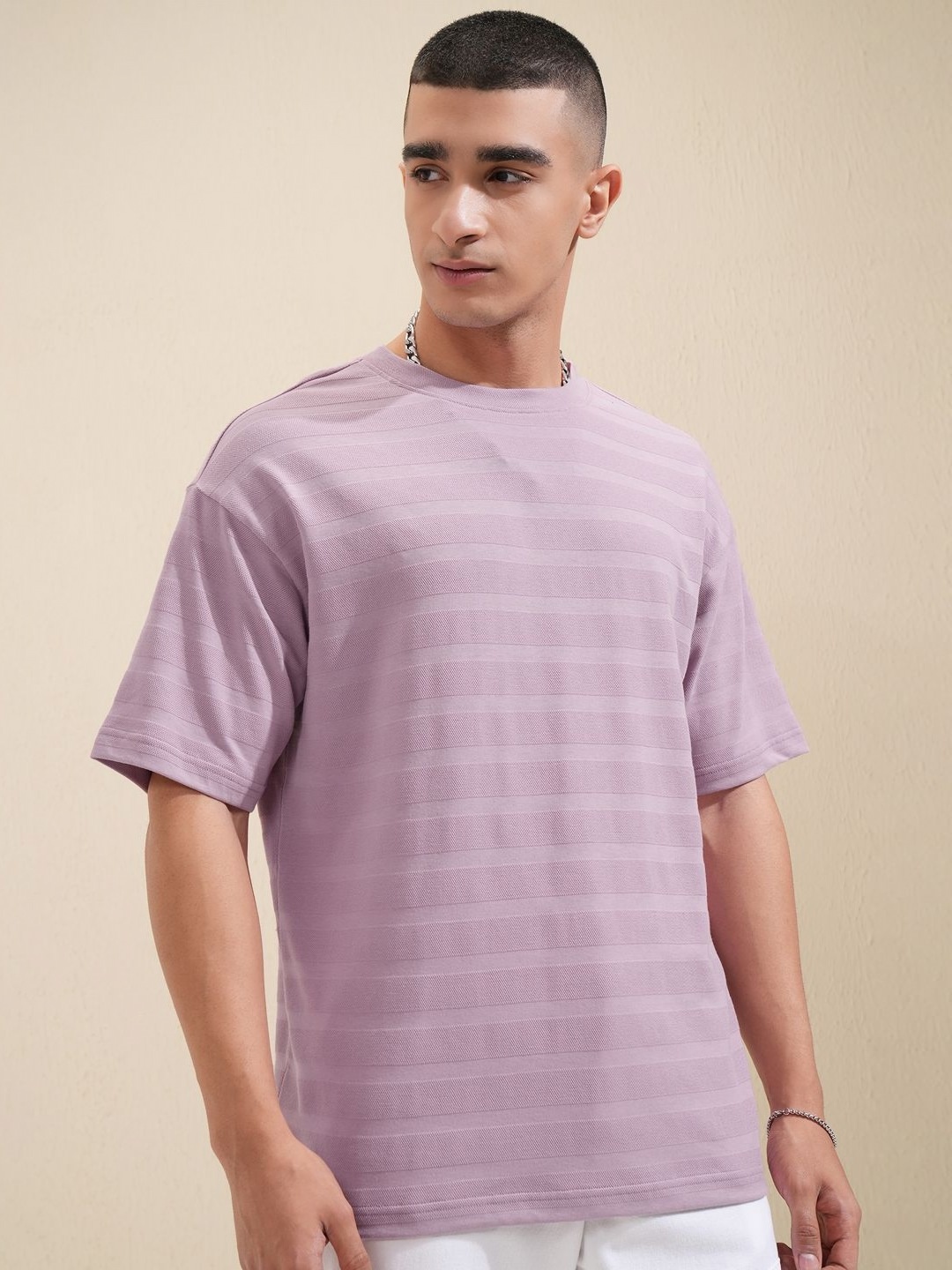 

HIGHLANDER Men Solid Round Neck Cotton Oversized T-Shirt, Mauve