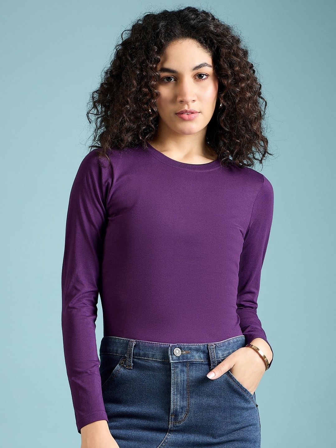 

DressBerry Women Solid Round Neck Cotton T-Shirt, Purple