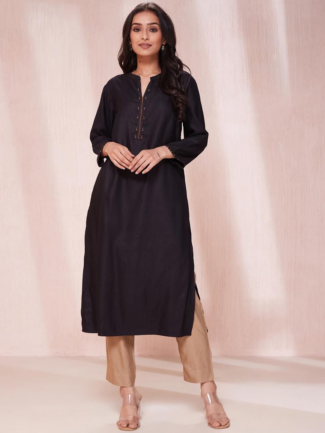 

Fabindia Mandarin Collar Beads & Stones Straight Kurta, Black