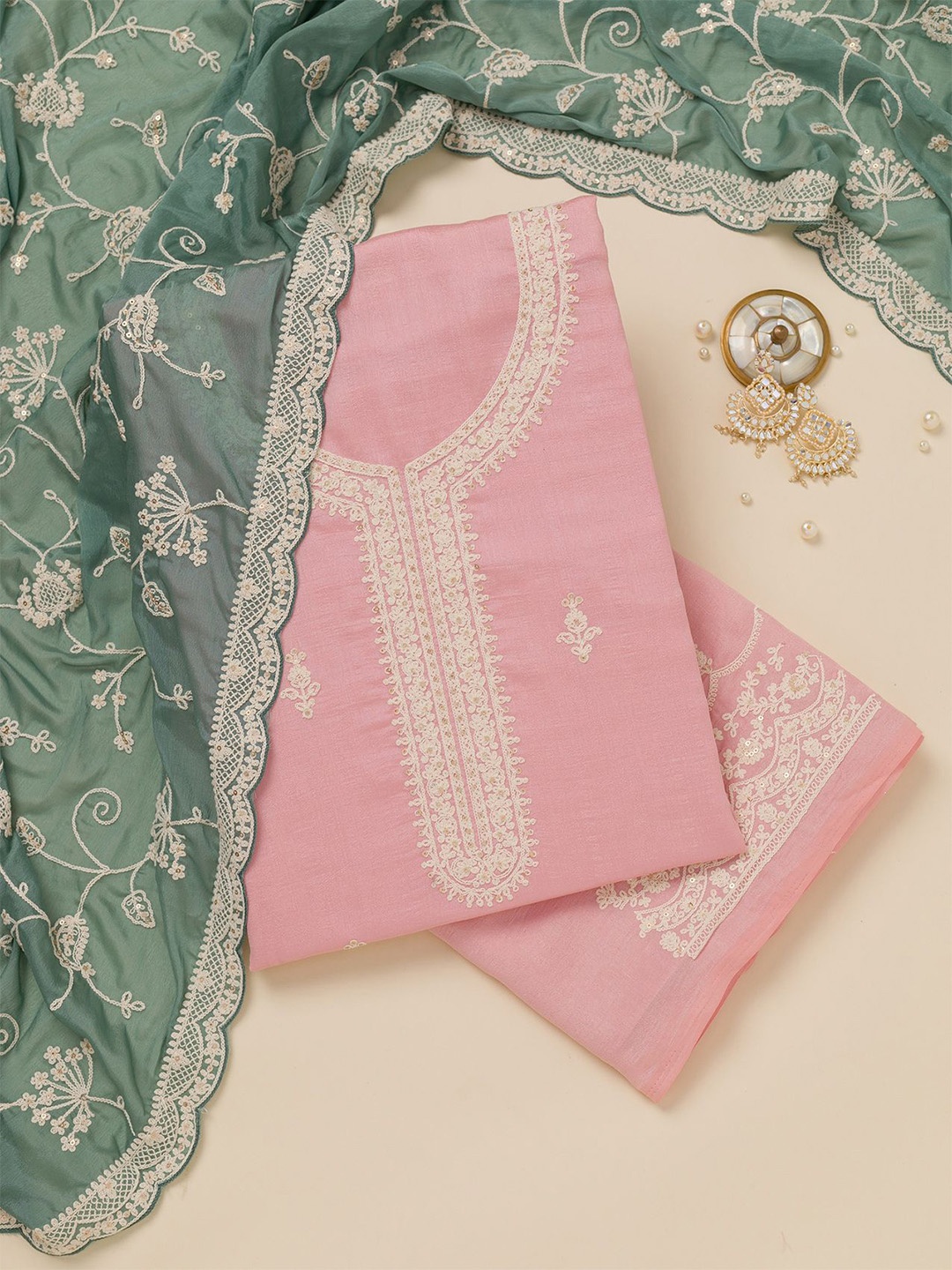 

Koskii Floral Embroidered Unstitched Dress Material, Pink