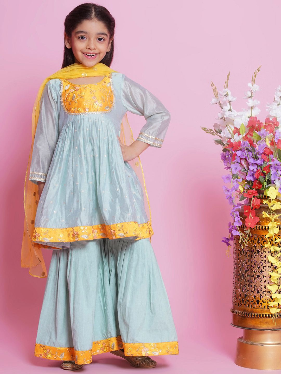 

Little Bansi Girls Embroidered Chanderi Silk Anarkali Kurta With Sharara & Dupatta, Green