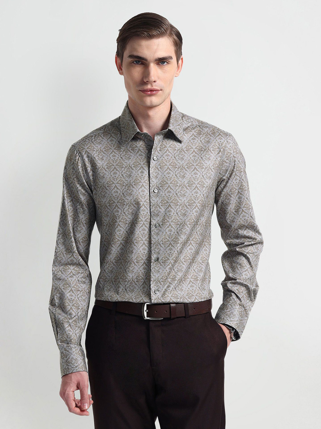 

Arrow Men Comfort Cutaway Collar Conversational Printed Cotton Slim Fit Formal Shirt, Grey