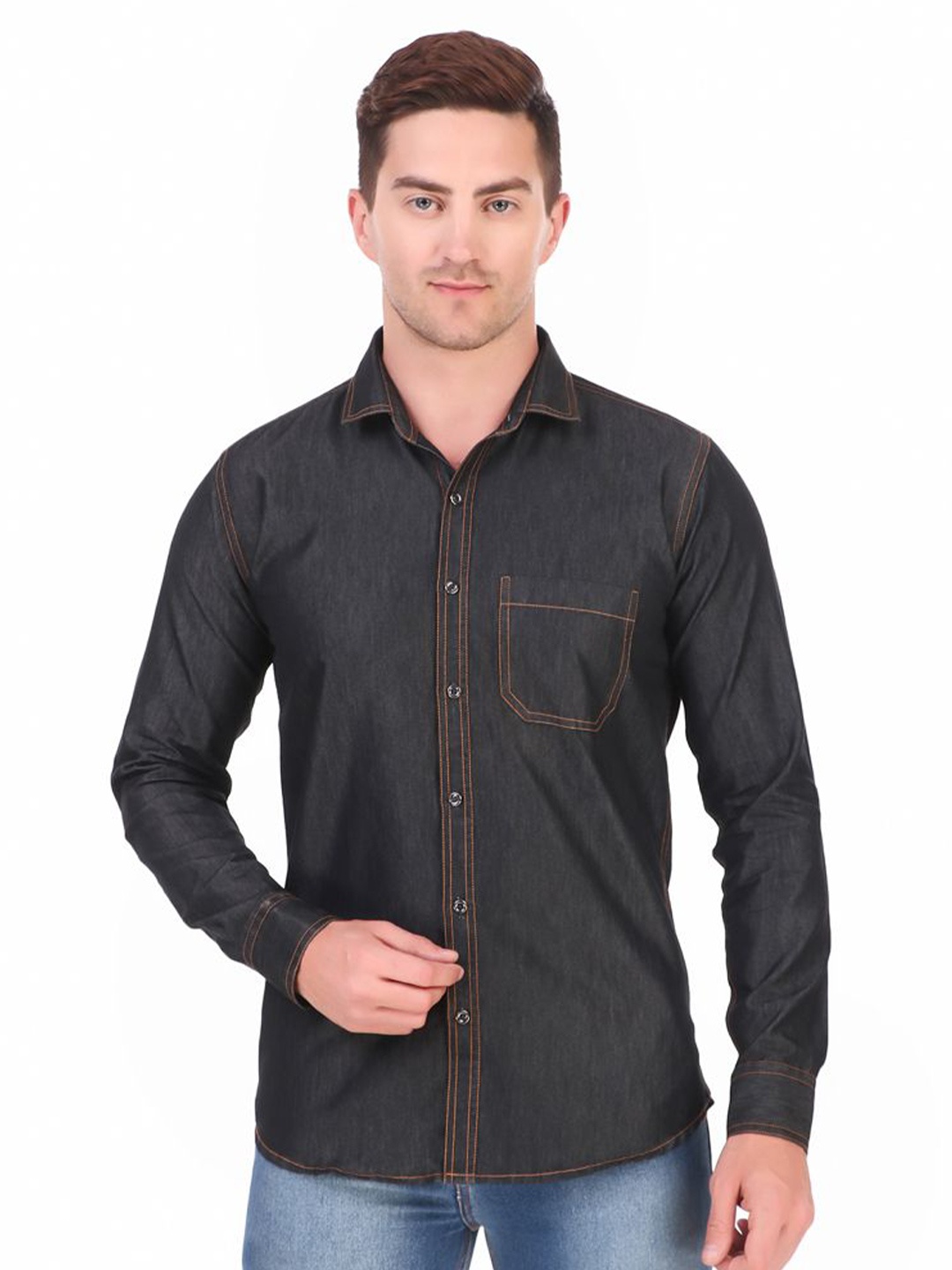

DESIGN UP Men Relaxed Spread Collar Solid Cotton Slim Fit Casual Shirt, Black