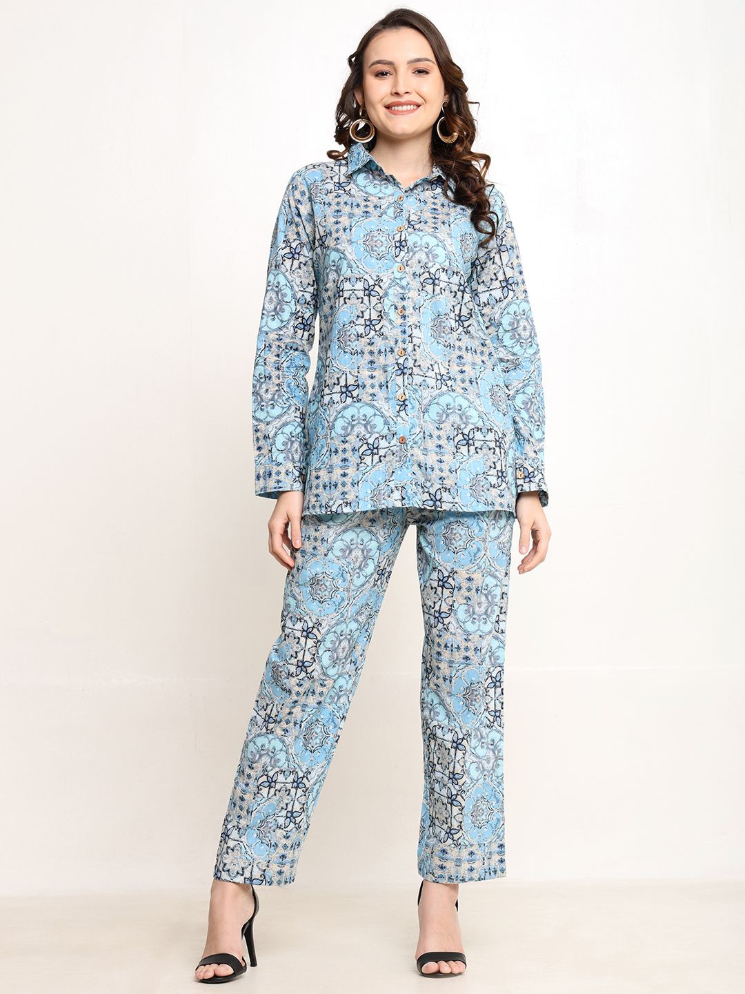 

CORDSET Printed Pure Cotton Shirt & Trousers, Blue