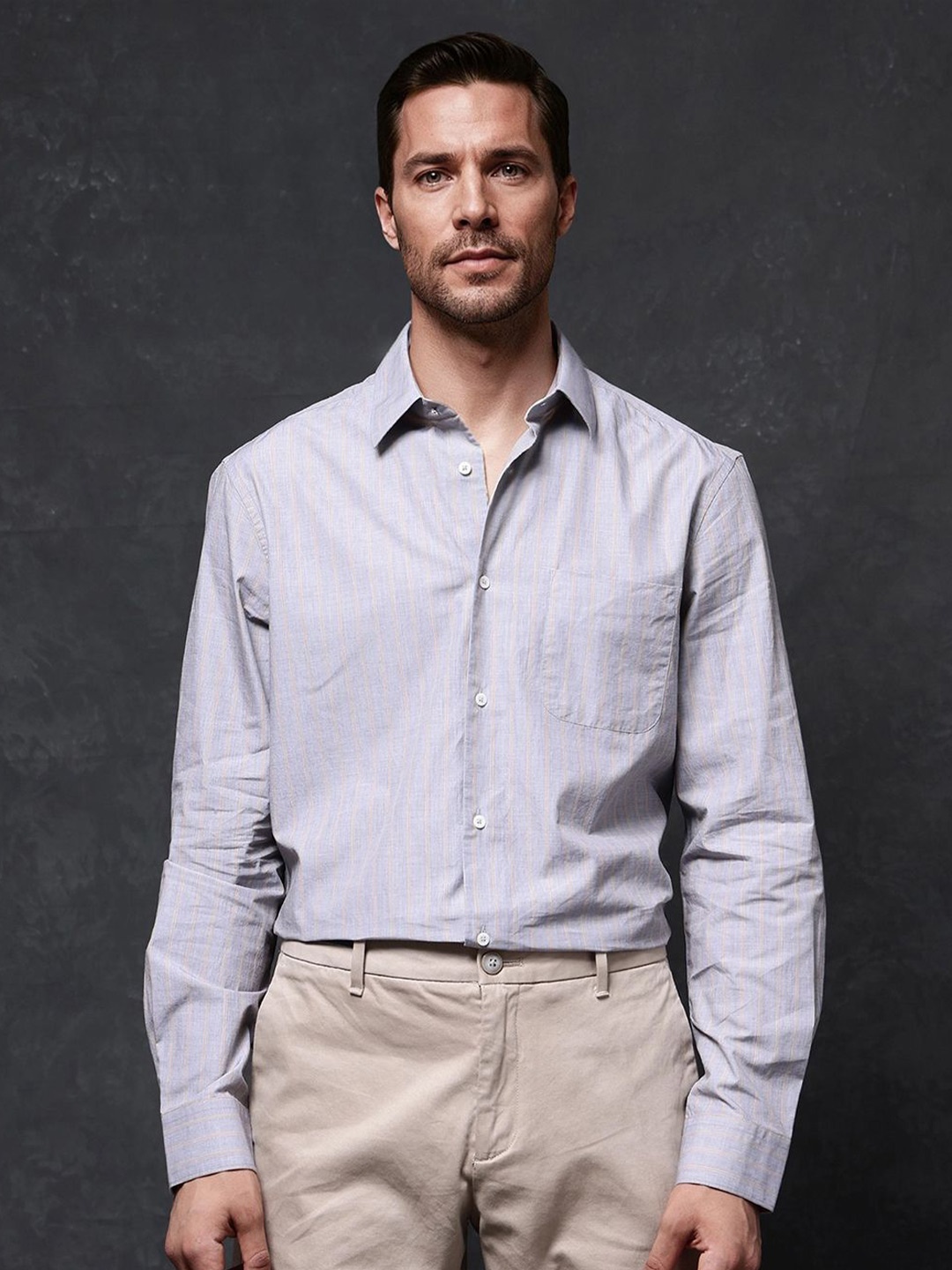 

RARE RABBIT Men Comfort Spread Collar Solid Cotton Casual Shirt, Beige