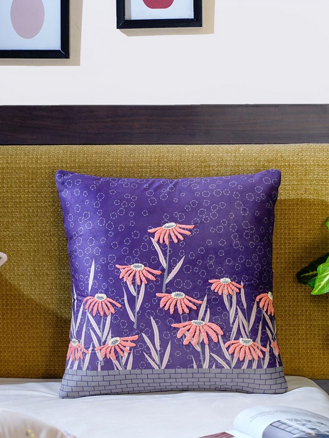 

Mid July Home Purple & Pink Floral Embroidered Velvet Square Cushion Cover