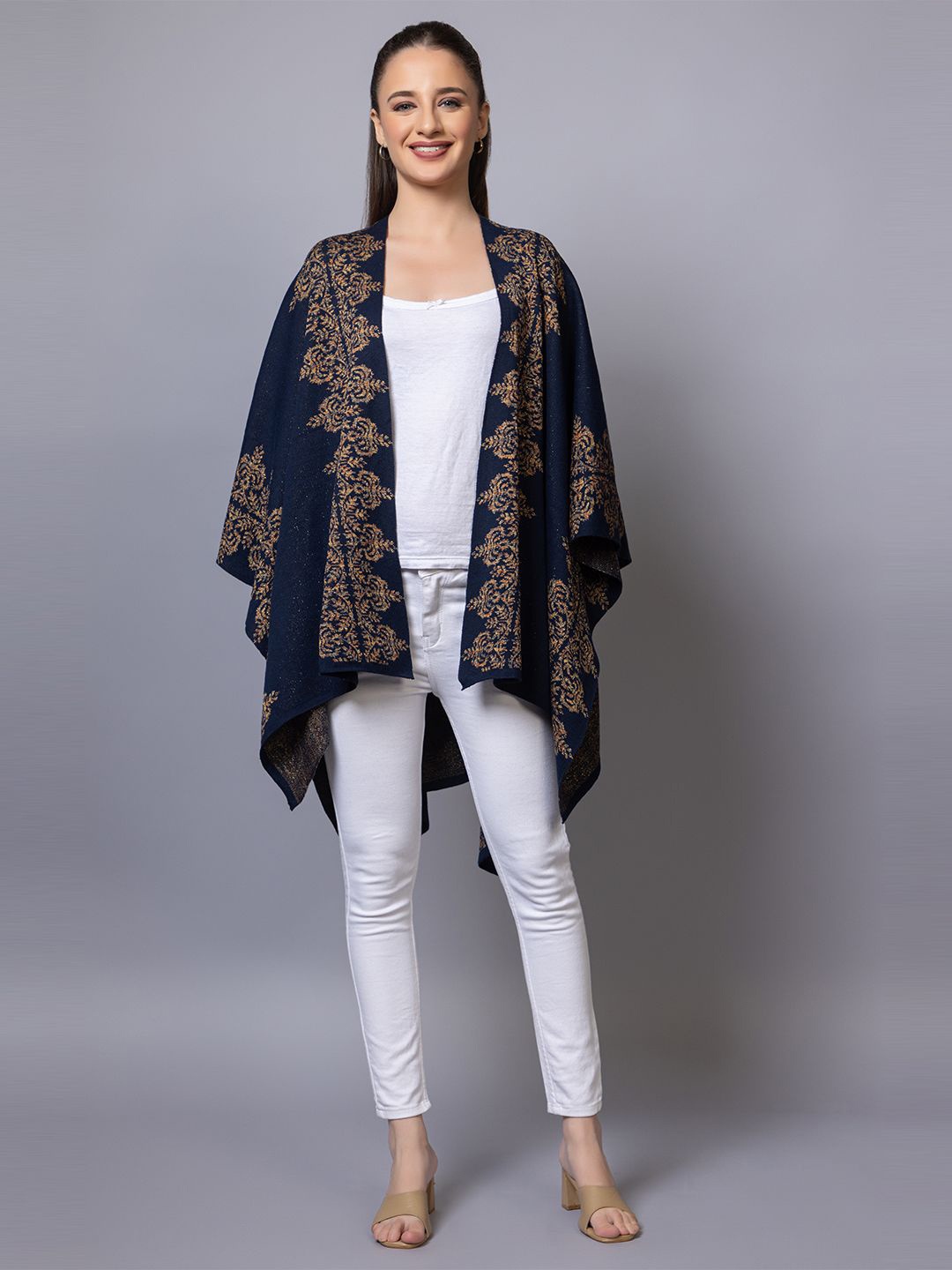 

Anouk Navy Blue Ethnic Motifs Printed V-Neck Winter Open Front Shrug