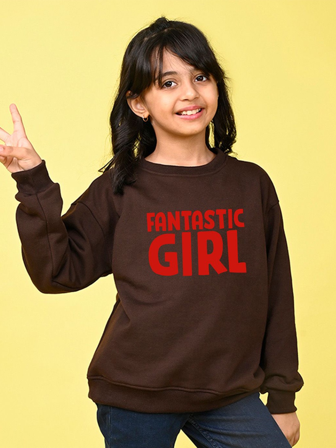 

NUSYL Girls Typography Printed Oversized Sweatshirt, Brown