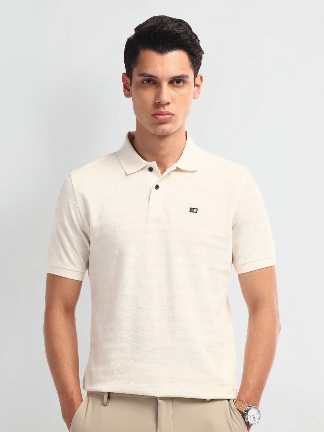 

Arrow Sport Men Solid Striped Polo Collar Cotton T-shirt, Beige