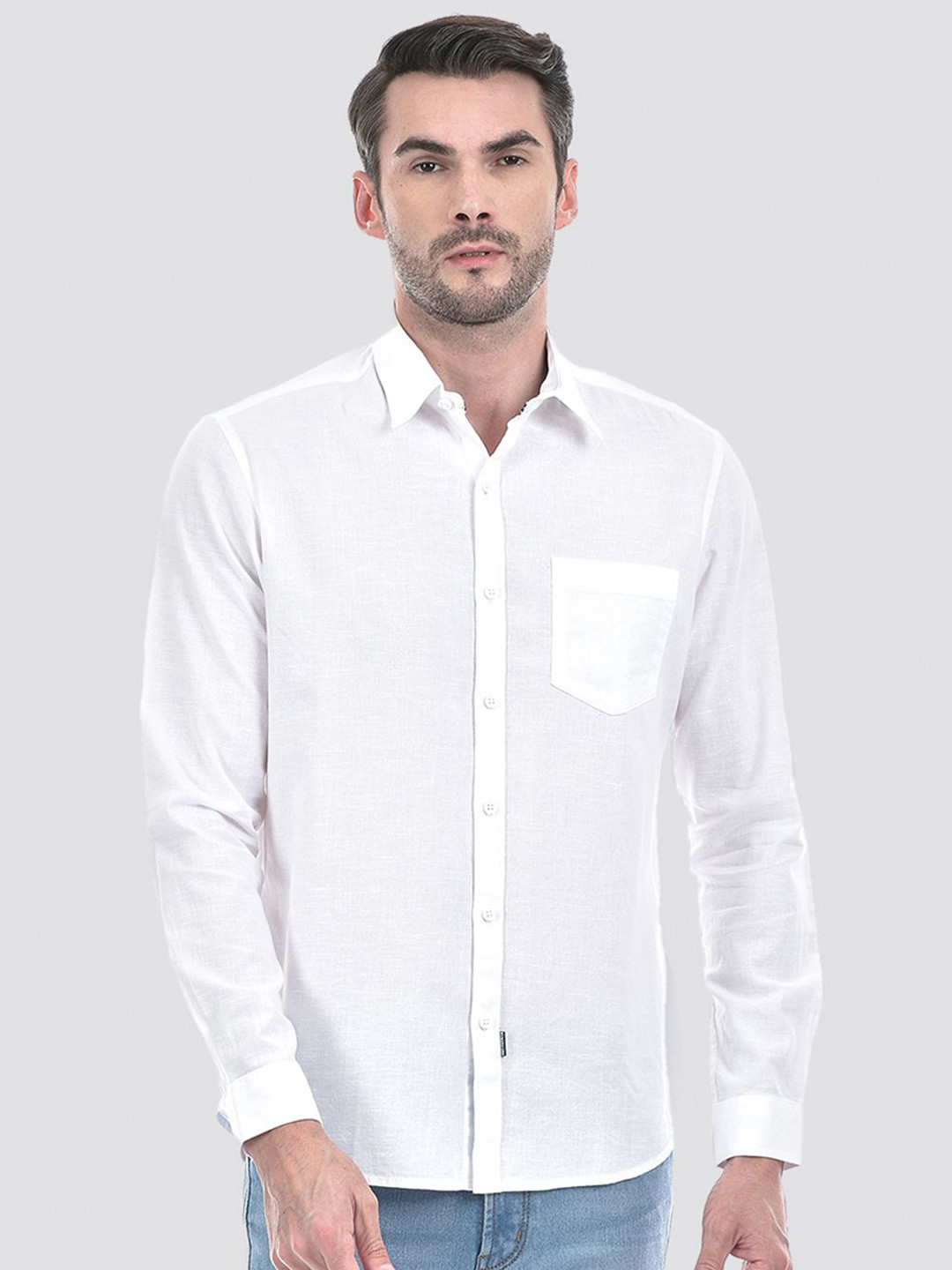 

Numero Uno Men Spread Collar Solid Cotton Linen Casual Shirt, White