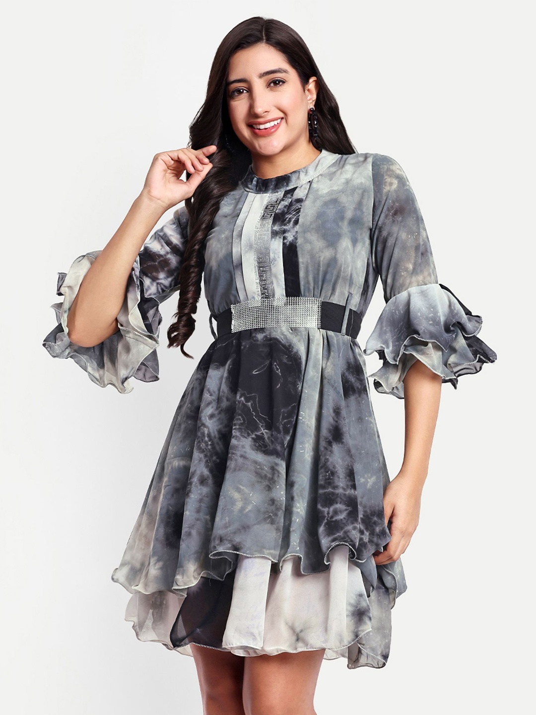 

HAUTEMODA Women Abstract Printed Fit and Flare Dress, Grey