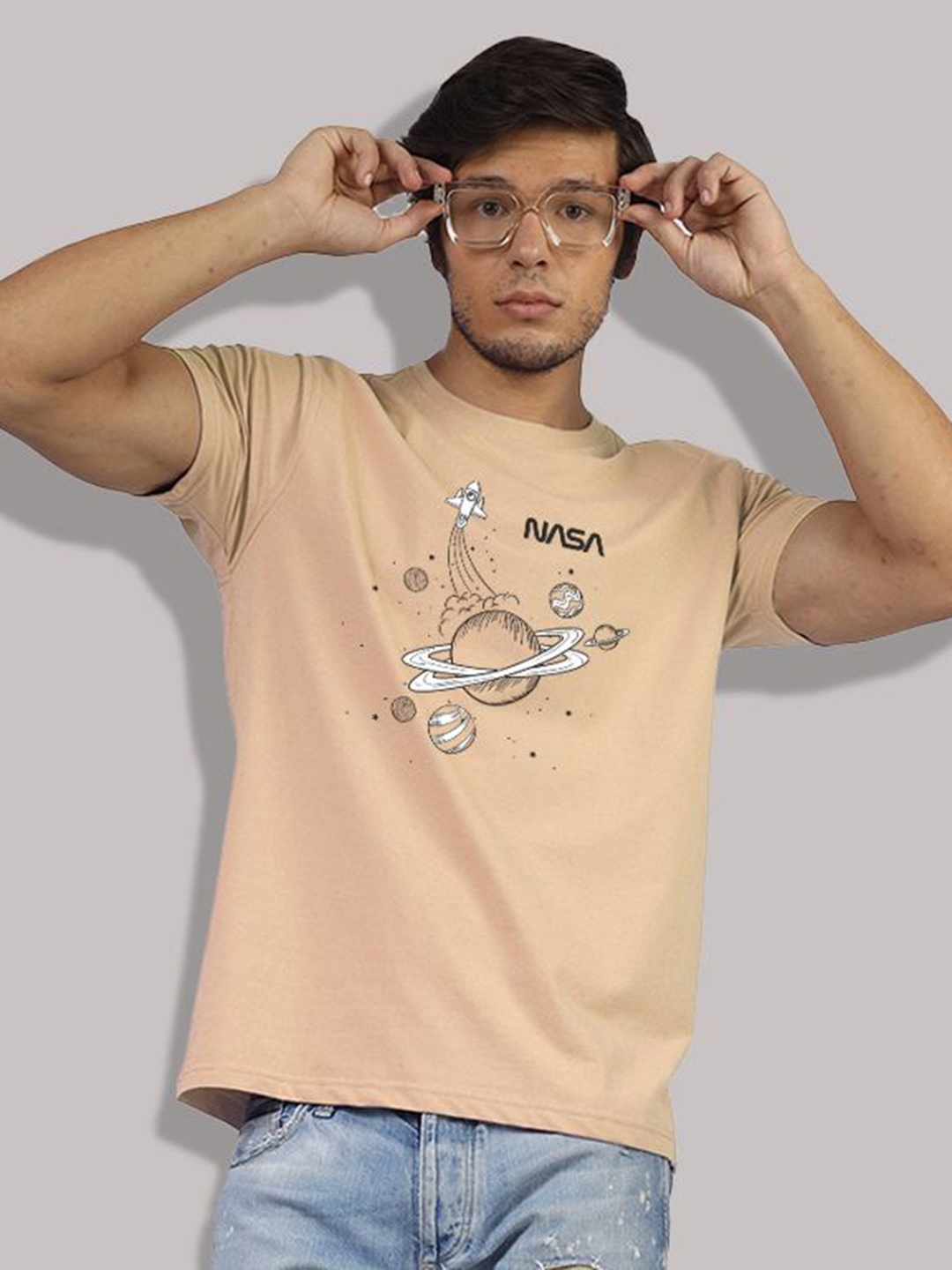 

Greylongg Men Graphic Printed Round Neck Cotton T-Shirt, Beige