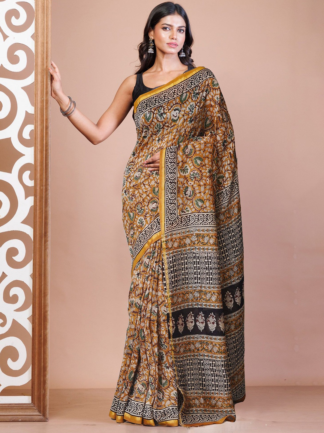 

Unnati Silks Kalamkari Zari Silk Cotton Handloom Chanderi Saree, Brown