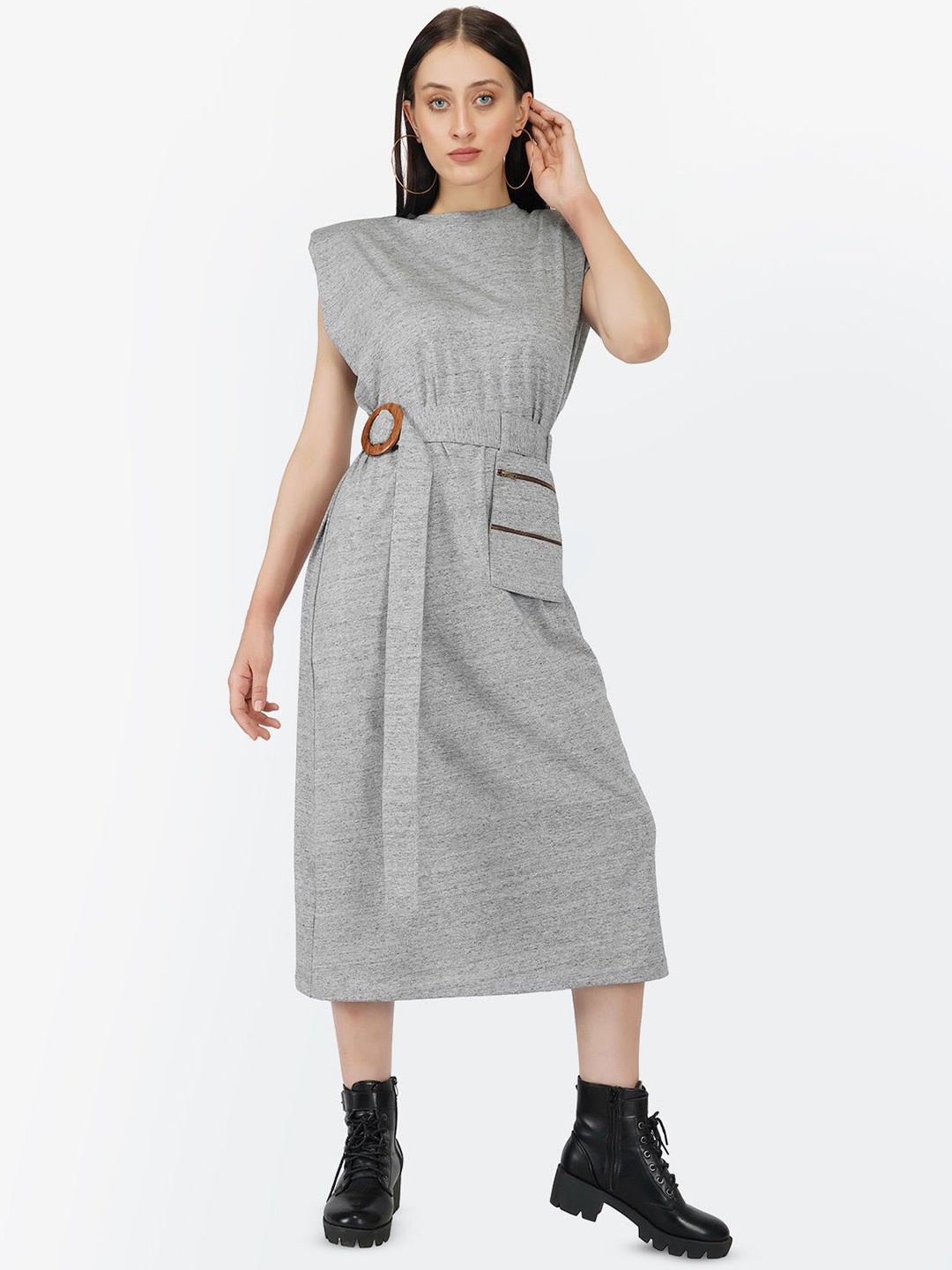 

KLAS NOBL Belted A-Line Midi Dress, Grey