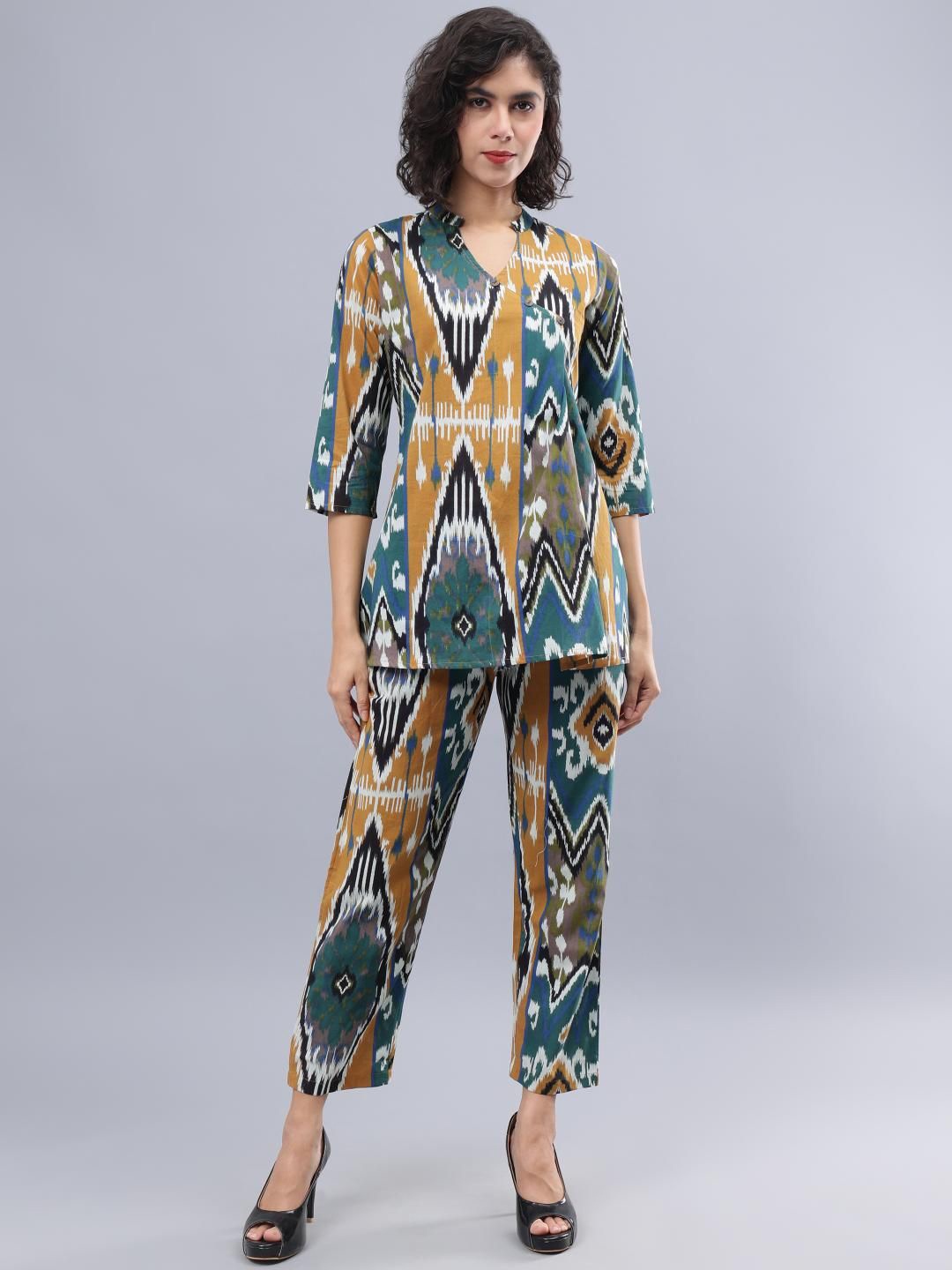 

CORDSET Printed Mandarin Collar Pure Cotton Tunic With Trouser, Green