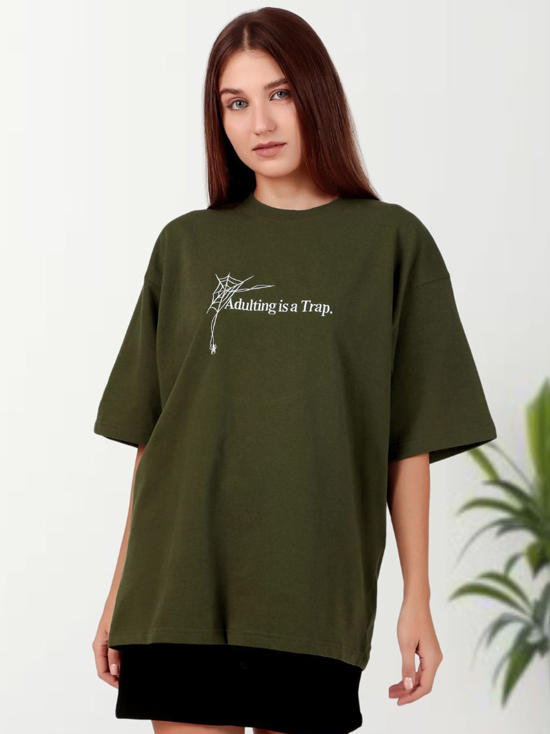 

Untamed Clothing Women Typography Printed Round Neck Cotton Oversized T-Shirt, Green