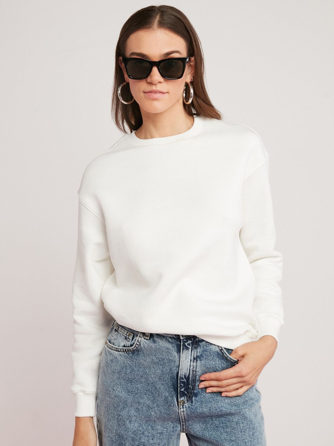 

GRIMELANGE Women Solid Round Neck Sweatshirt, White