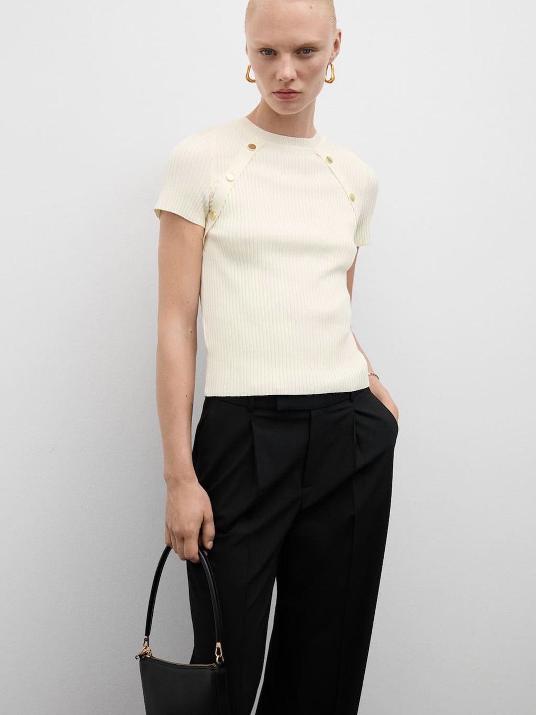 

MANGO Button Detail Ribbed Top, Cream