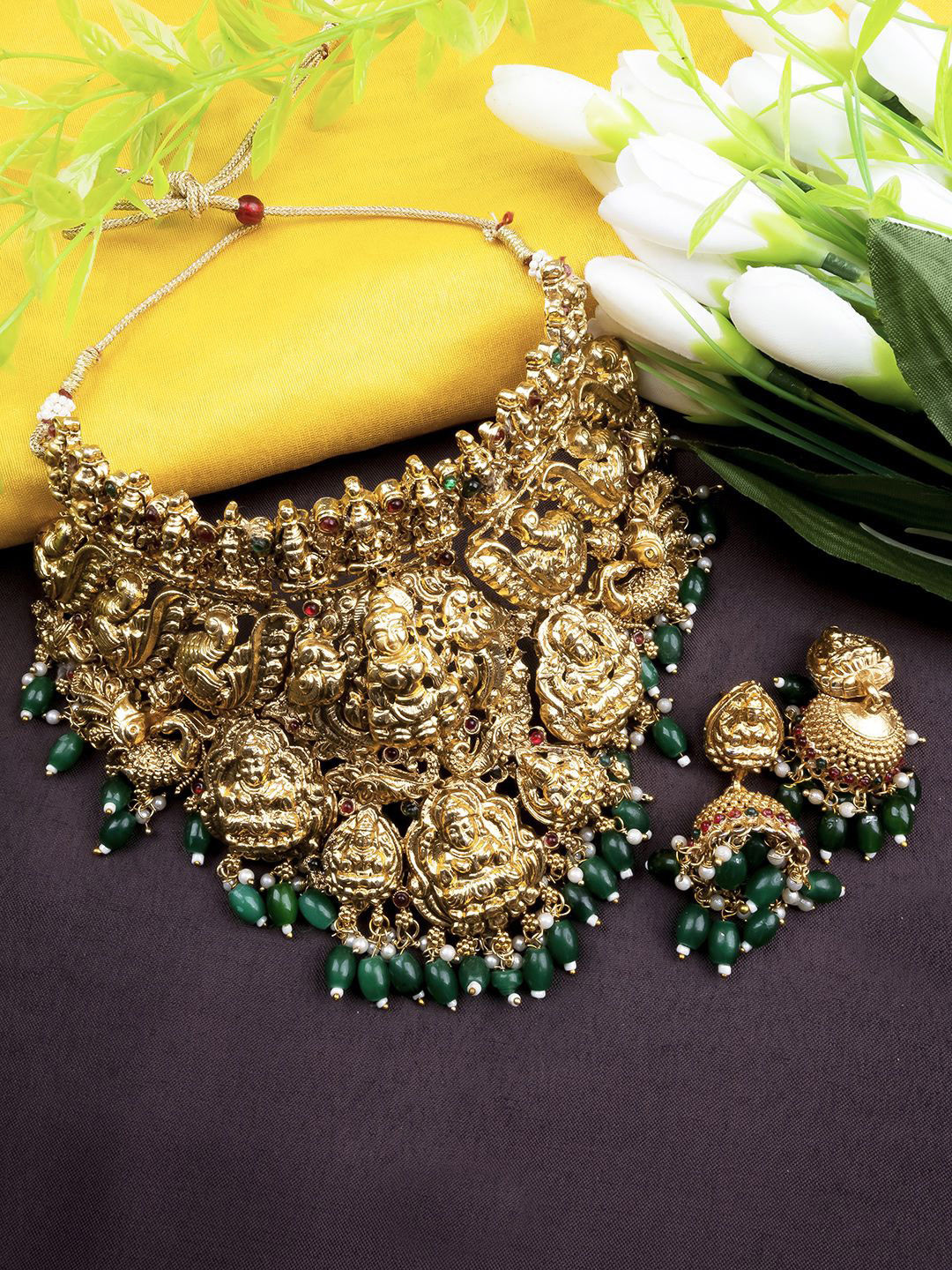 

StileAdda Gold-Plated Stone-Studded & Beaded Temple Jewellery Set