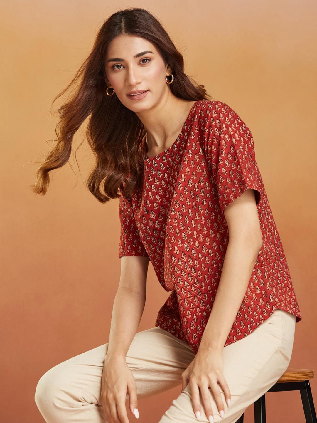 

Fabindia Print Cotton Top, Red