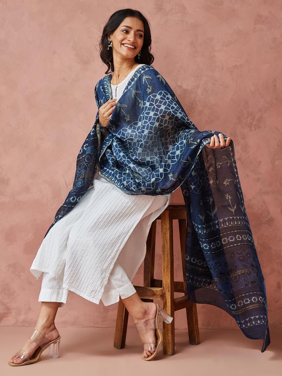 

Fabindia Floral Printed Cotton Silk Dupatta, Navy blue
