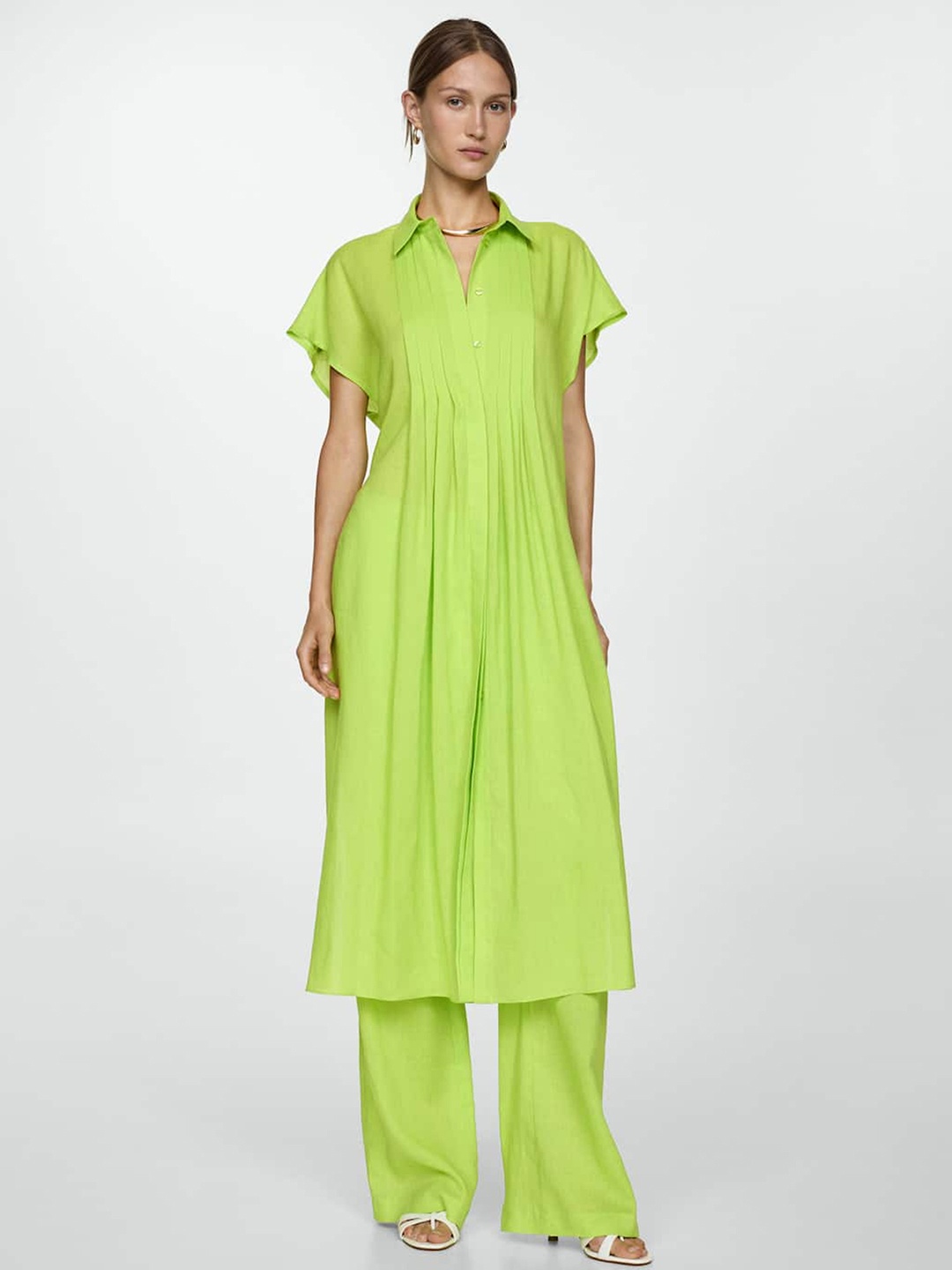 

MANGO Pleated Shirt Midi Dress with Side-Slits, Lime green