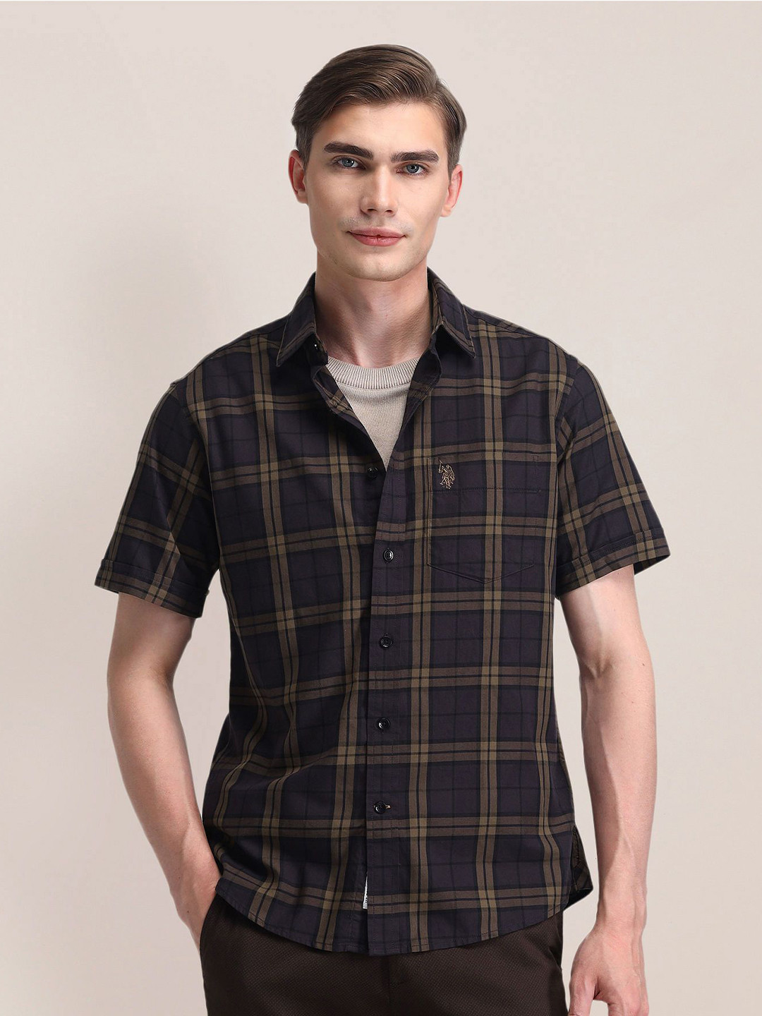 

U.S. Polo Assn. Men Classic Spread Collar Tartan Checked Cotton Formal Shirt, Navy blue