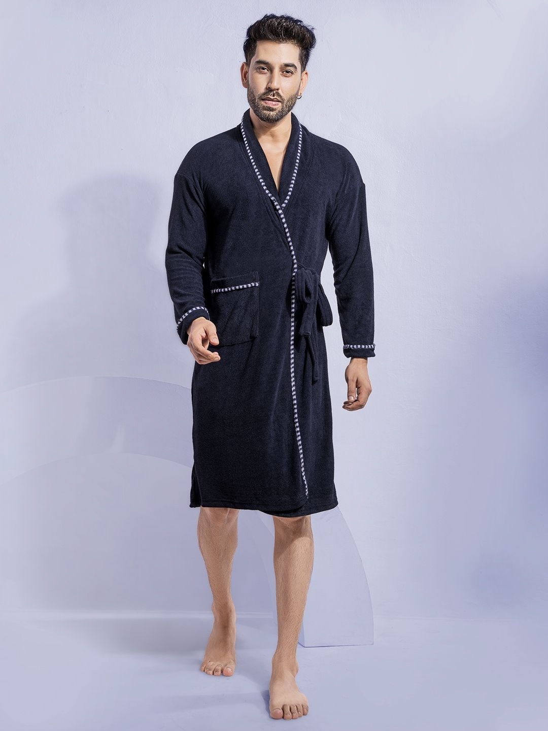 

HotGown Navy Blue Shawl Collar Bath Robe