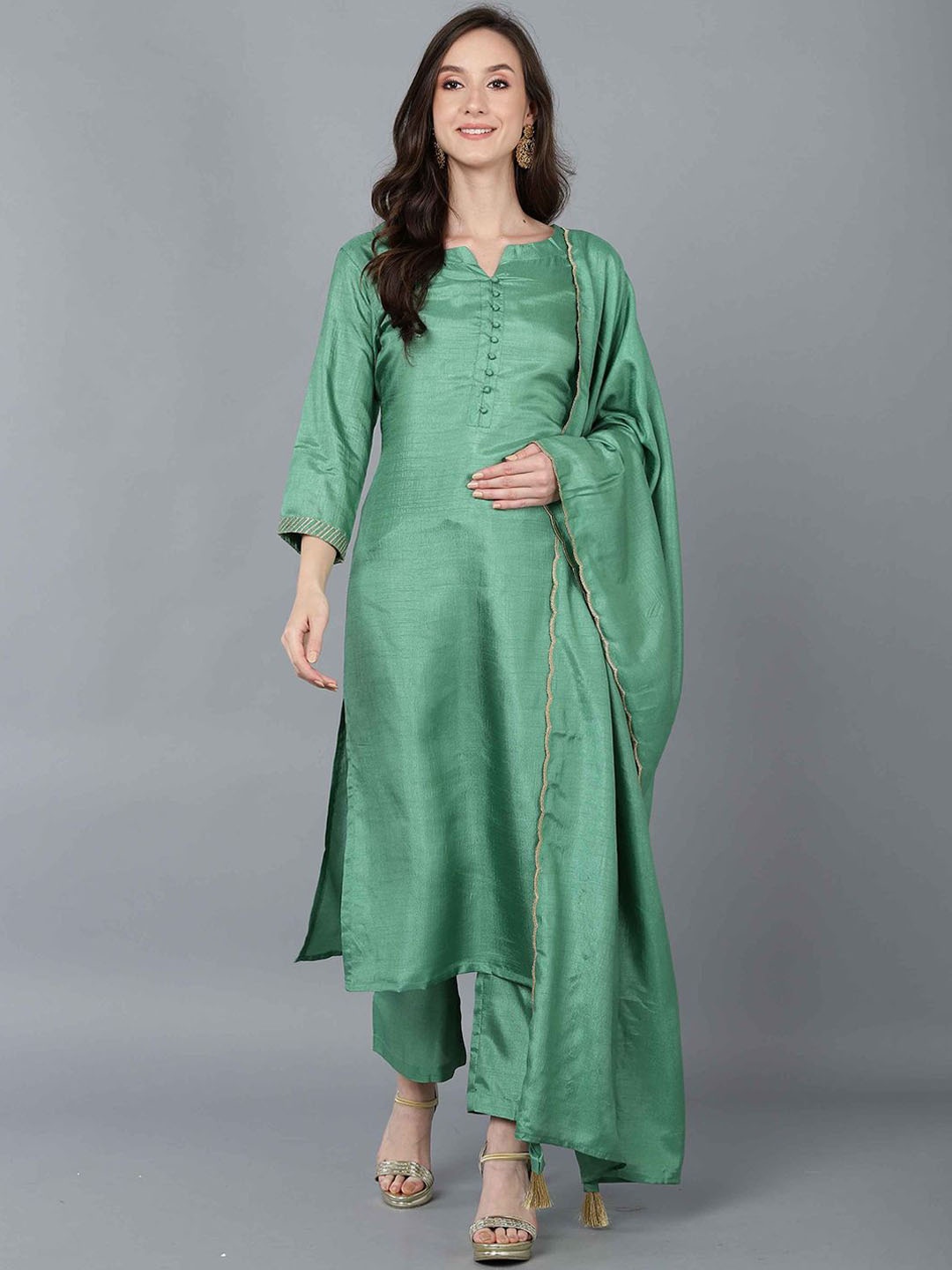 

KALINI Notch Neck Straight Kurta with Trousers & Dupatta, Green