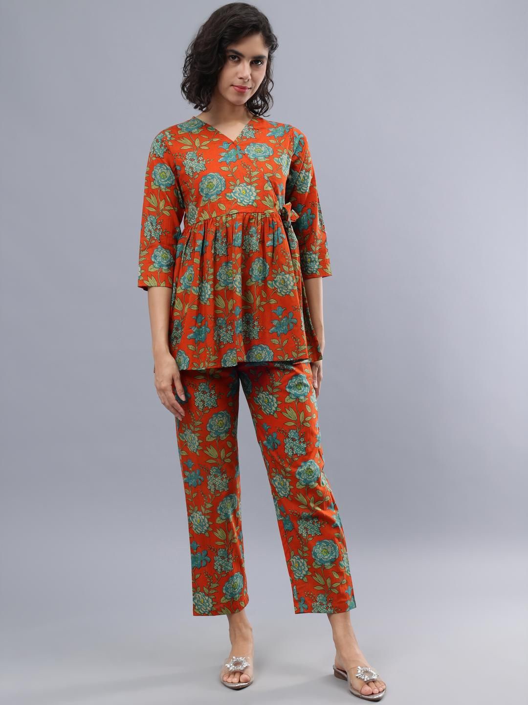 

CORDSET Printed V-Neck Pure Cotton Tunic & Trousers, Orange