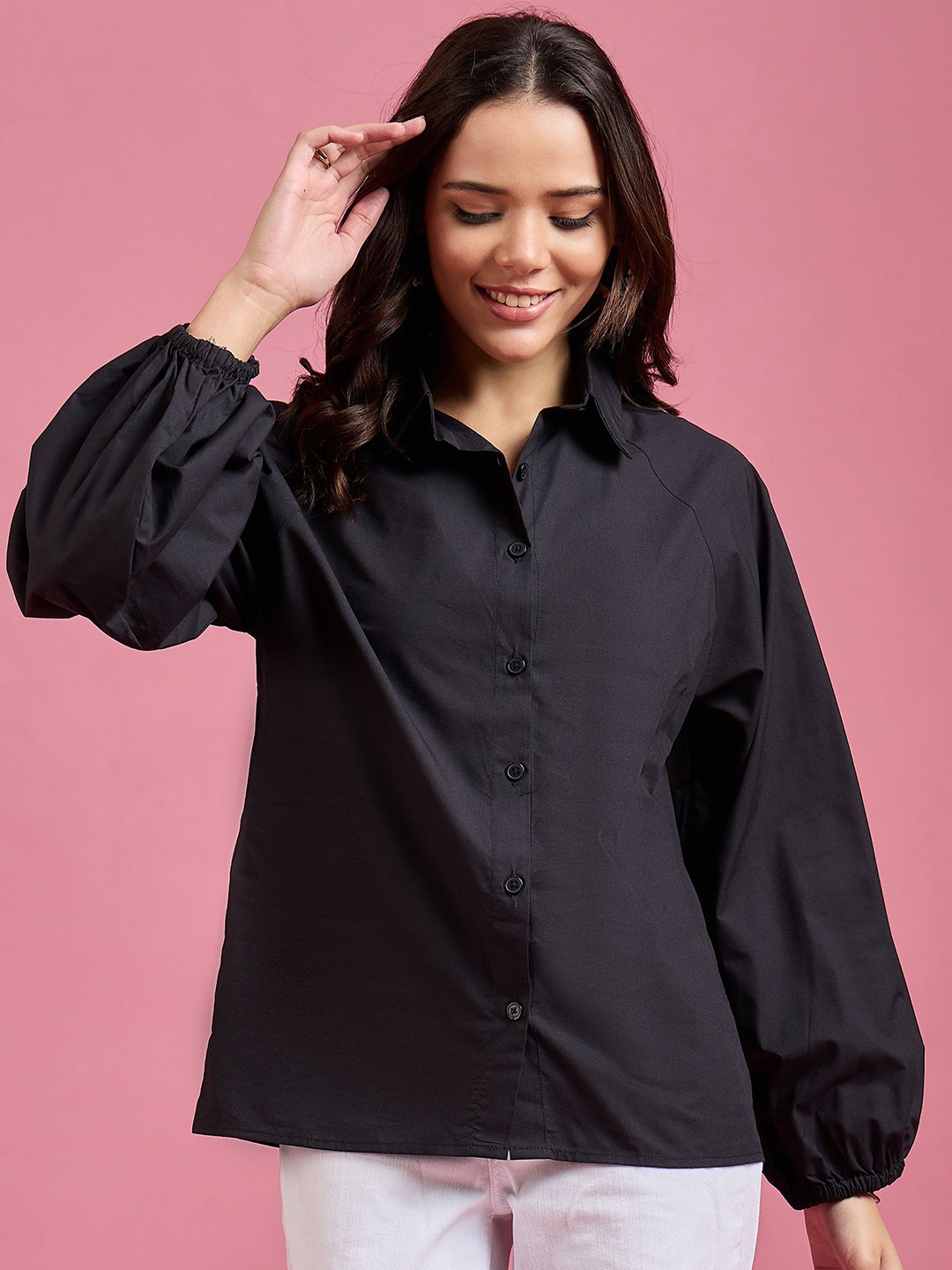 

DressBerry Women Classic Spread Collar Solid Cotton Relaxed Fit Casual Shirt, Black