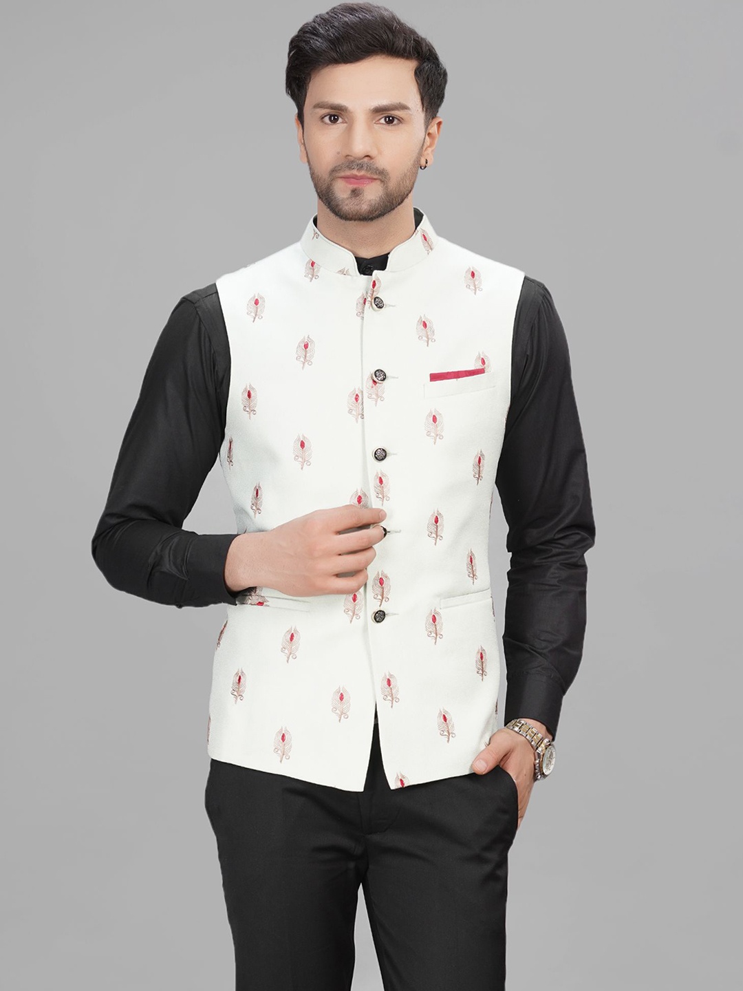 

LA'SCOOT Floral Printed Mandarin Collar Nehru Jacket, Sea green