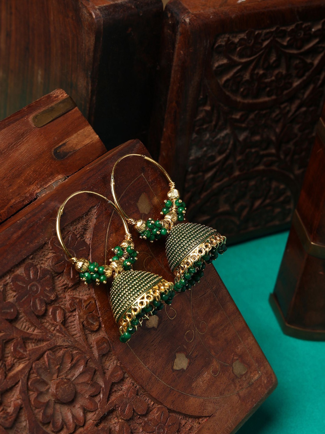 

Anouk Green Gold Plated Beaded Dome Shape Jhumkas