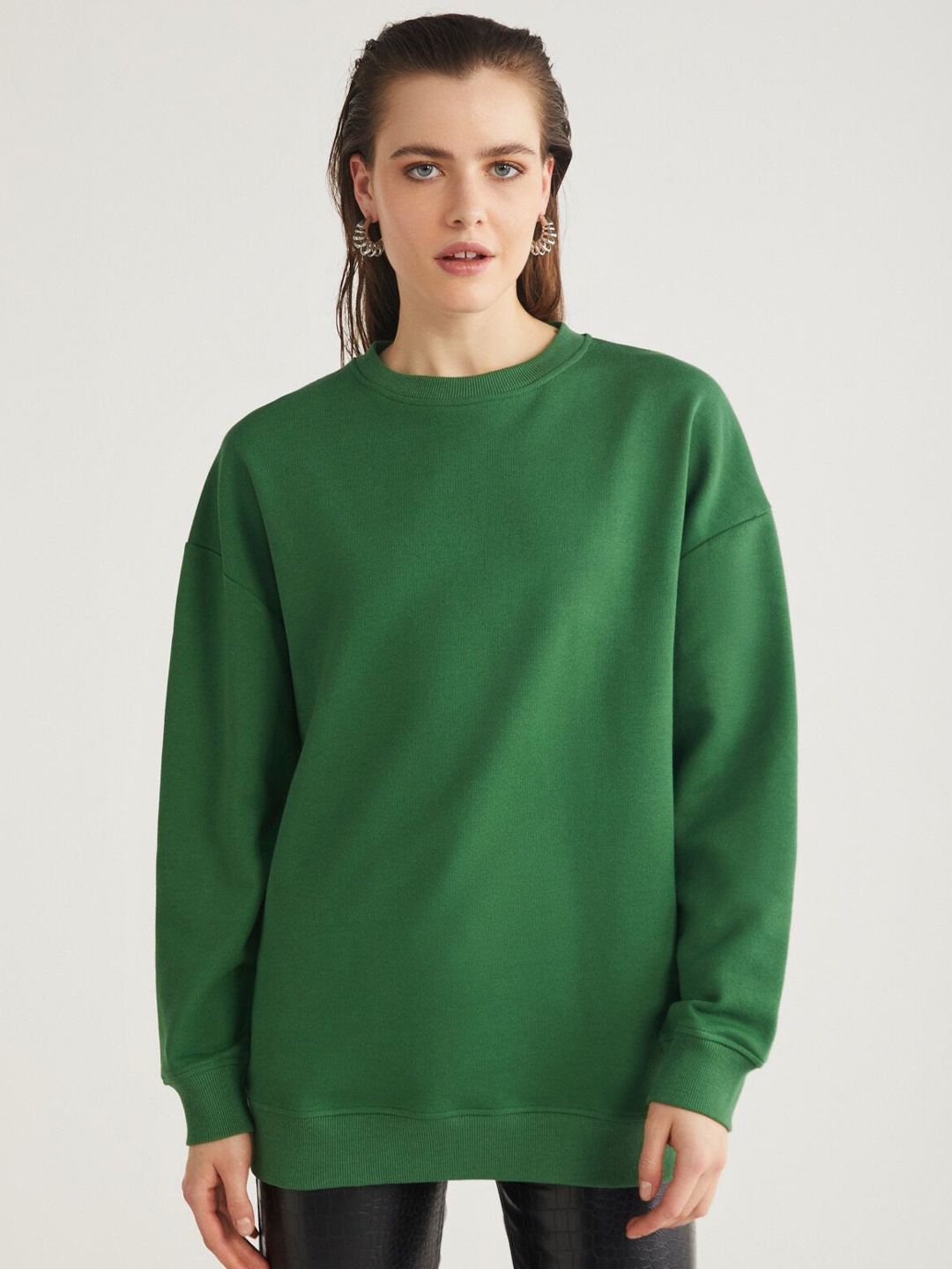 

GRIMELANGE Women Solid Round Neck Sweatshirt, Green