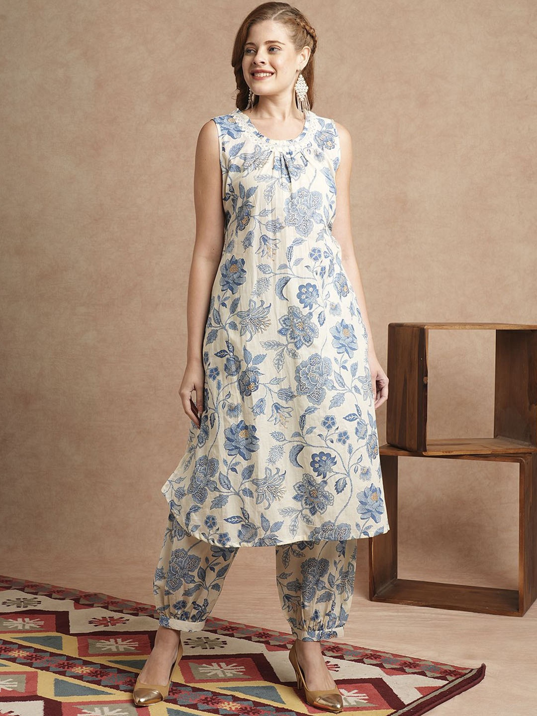 

FASHOR Printed Pure Cotton Sleeveless Tunic & Trouser, Off white