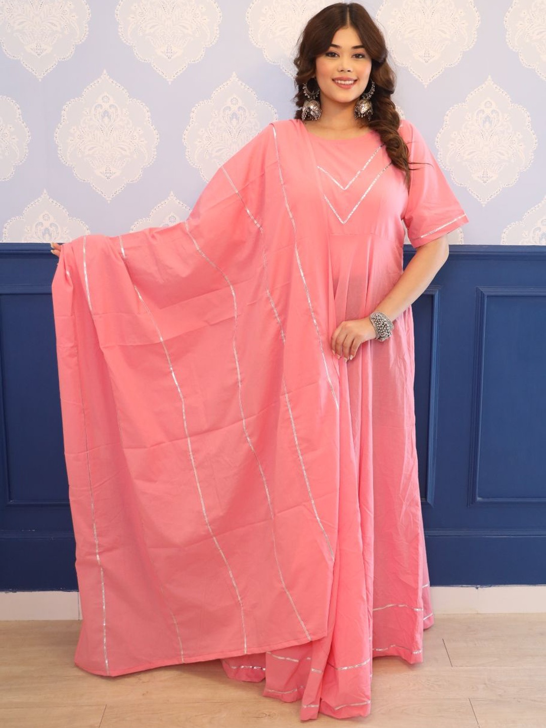 

Swadeshi Shringaar Solid Maxi Ethnic Dress With Dupatta, Pink