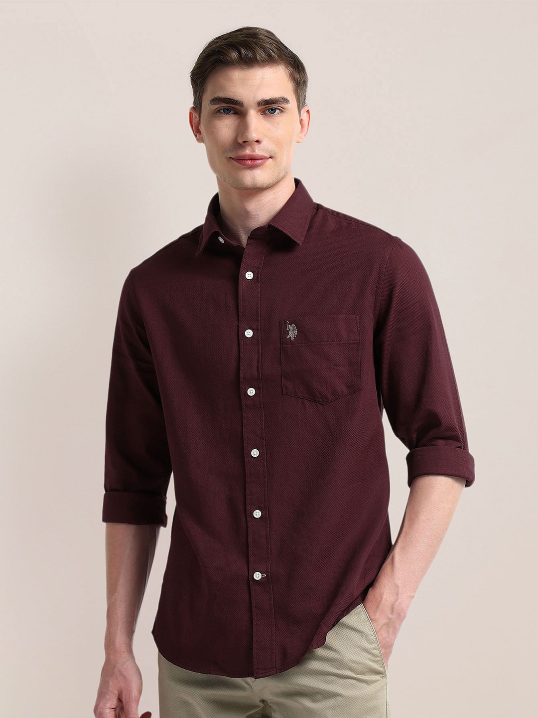 

U.S. Polo Assn. Men Classic Cutaway Collar Solid Cotton Casual Shirt, Purple