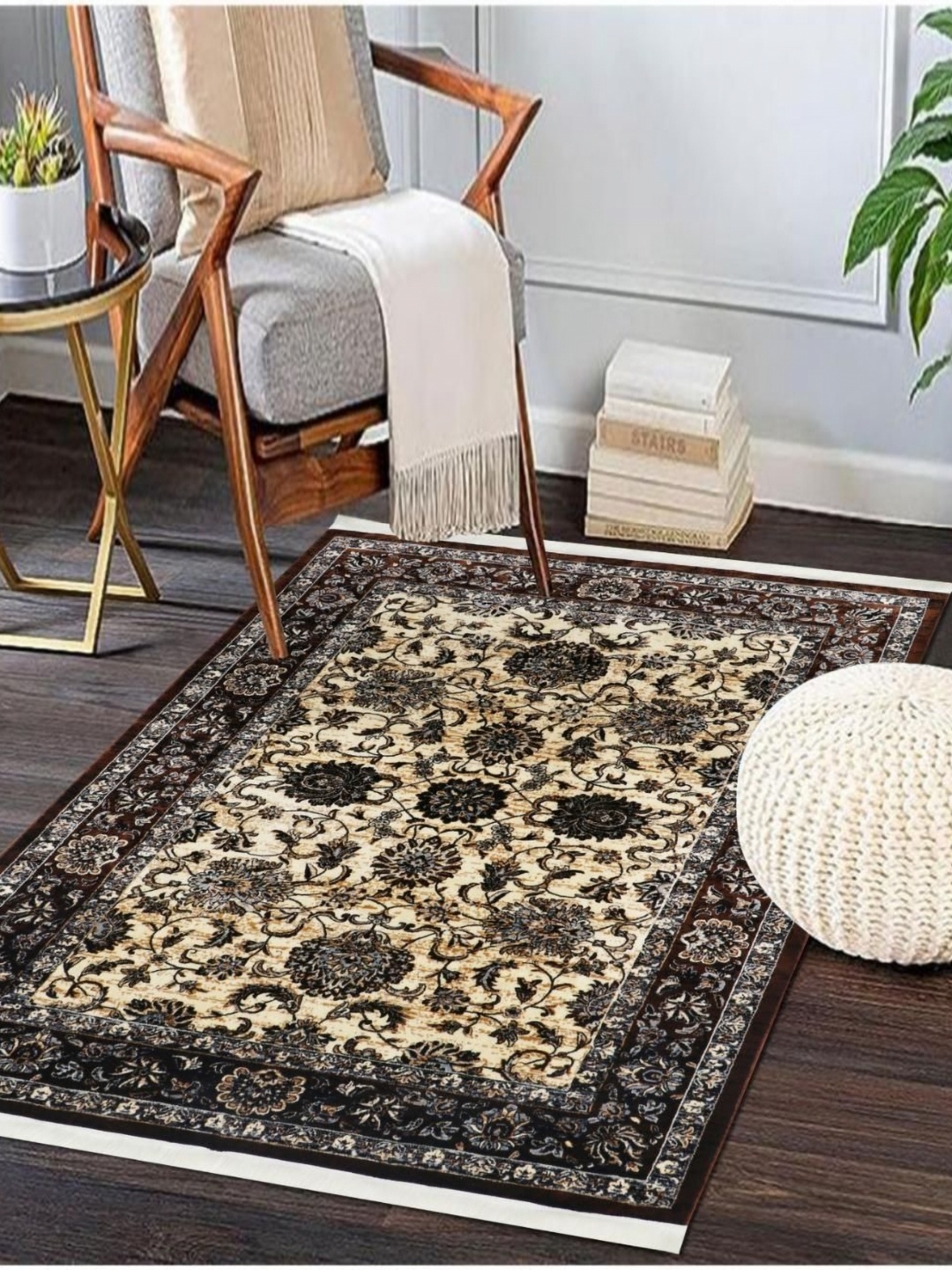 

MODEFE Cream & Black Floral Anti-Skid Nylon Carpet