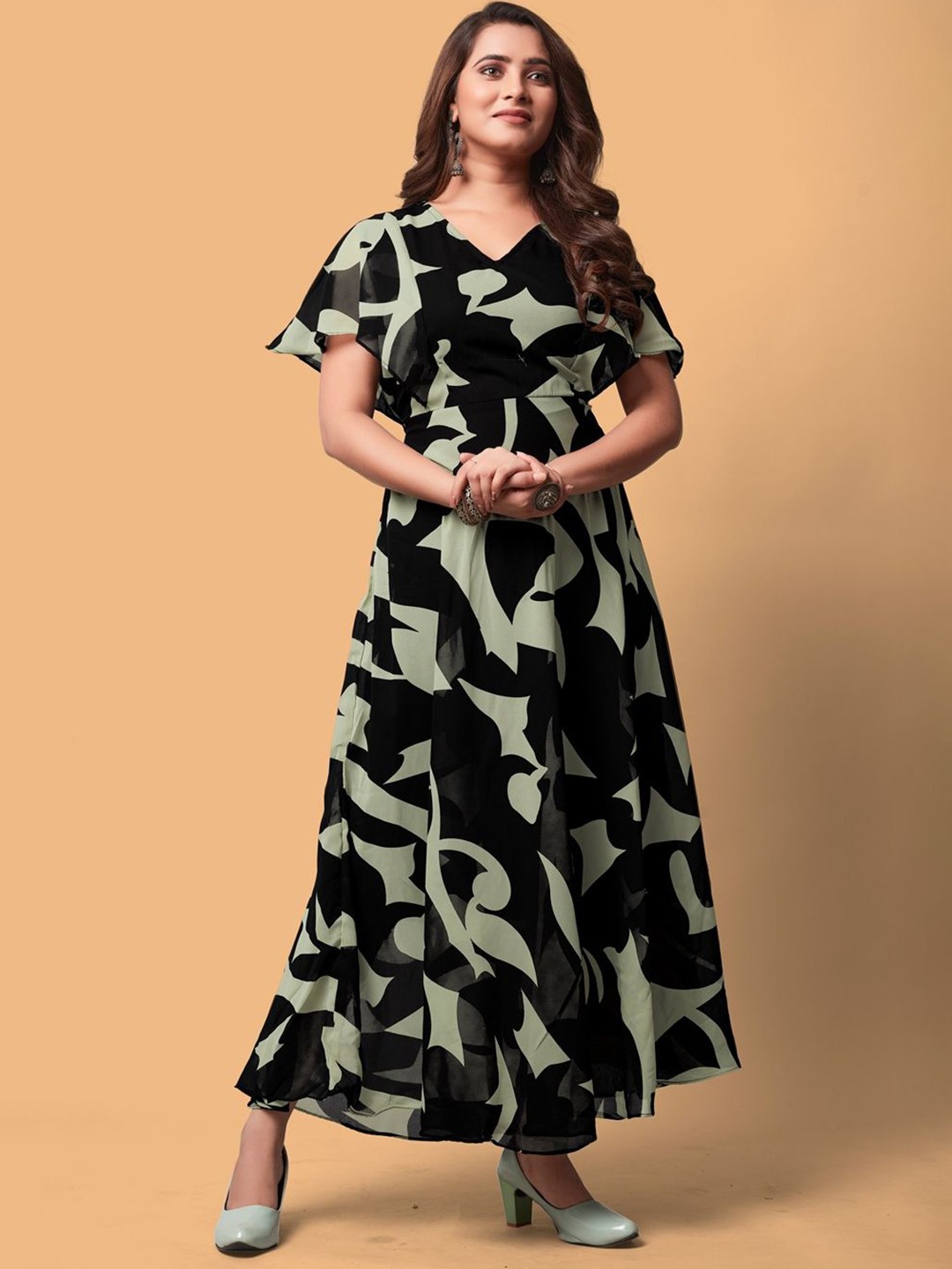 

KALINI Print Flared Sleeve Georgette Fit & Flare Maxi Dress, Green