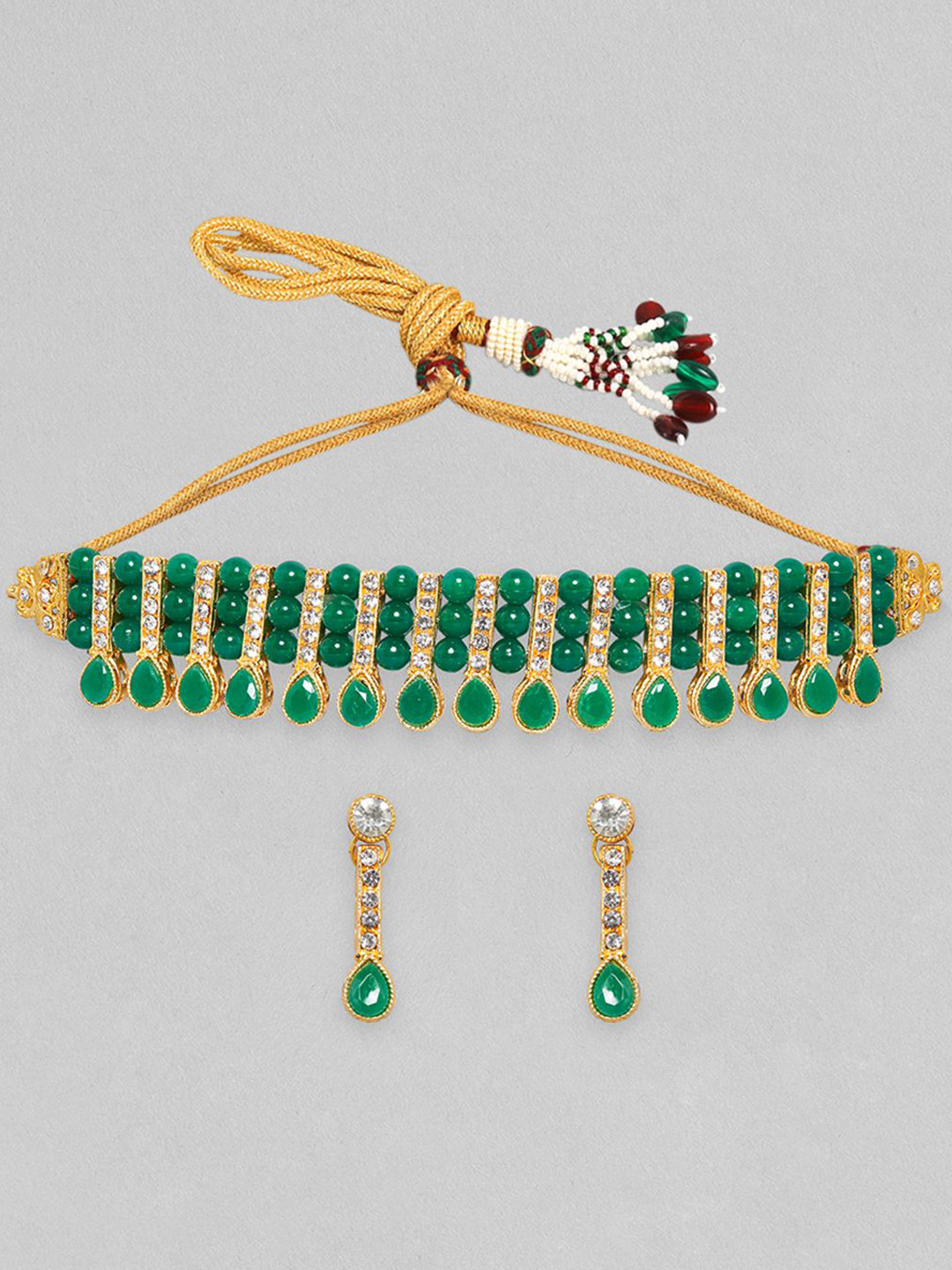 

Rubans 22K Gold-Plated Emerald Green Beaded Choker Jewellery Set with AD Studded Drops