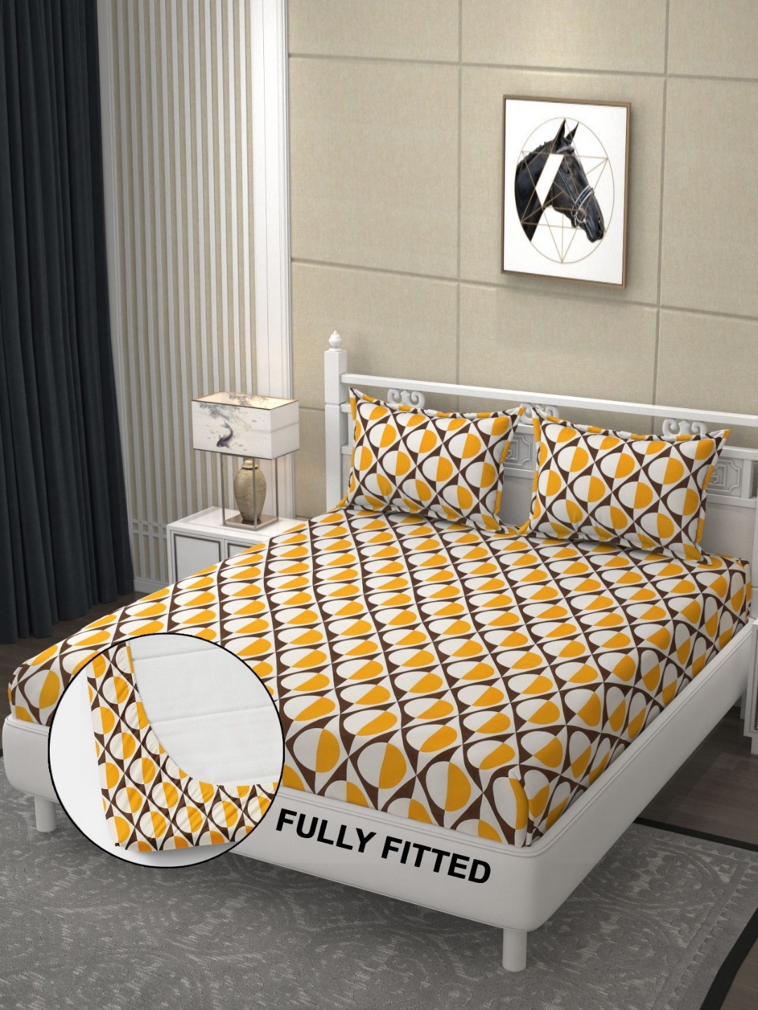 

FINE TEX WORLD Yellow & White Geometric 180 TC Fitted King Bedsheet With 2 Pillow Covers