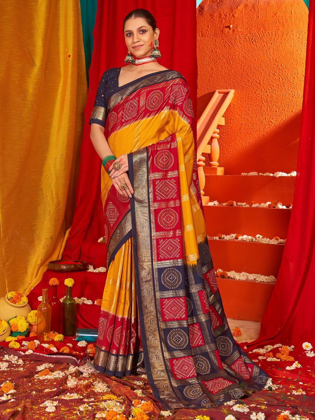 

Saree mall Checked Zari Silk Blend Banarasi Sarees, Yellow