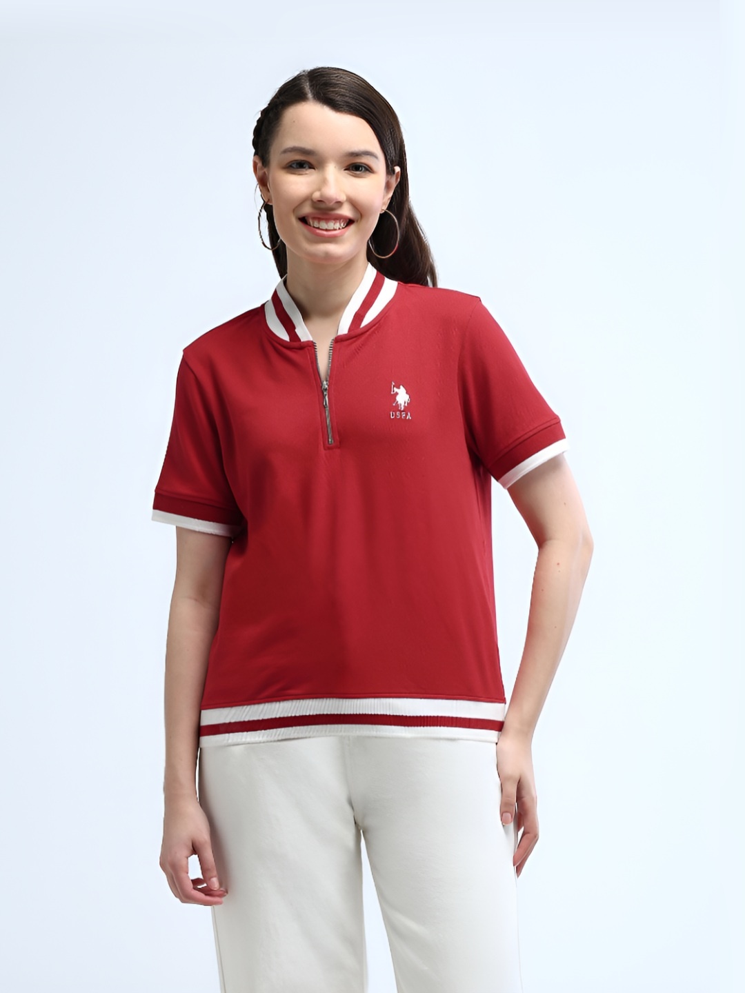 

U.S. Polo Assn. Women Solid Polo Collar Cotton T-Shirt, Red