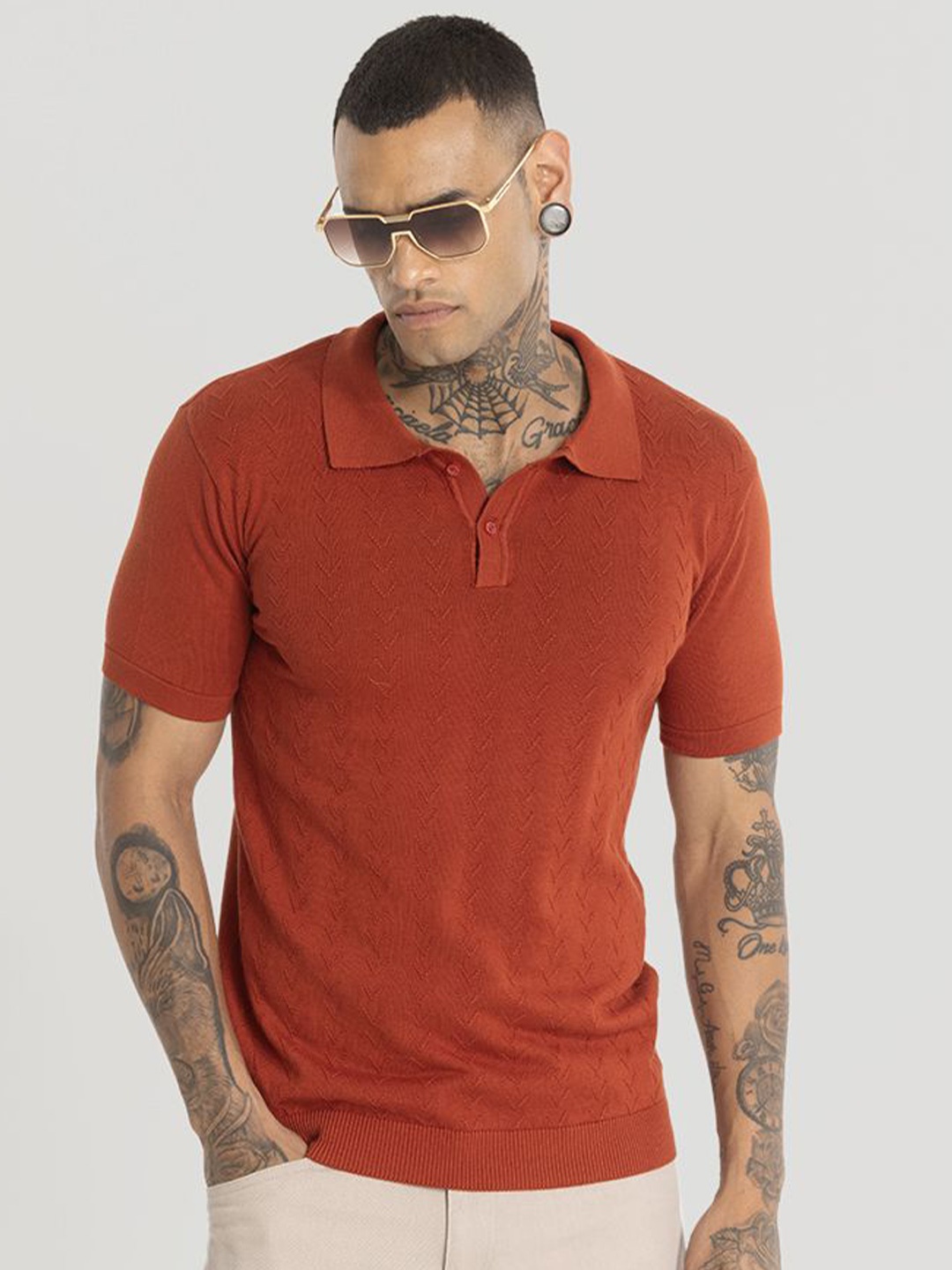 

Snitch Men Solid Polo Collar Cotton Slim Fit T-Shirt, Red