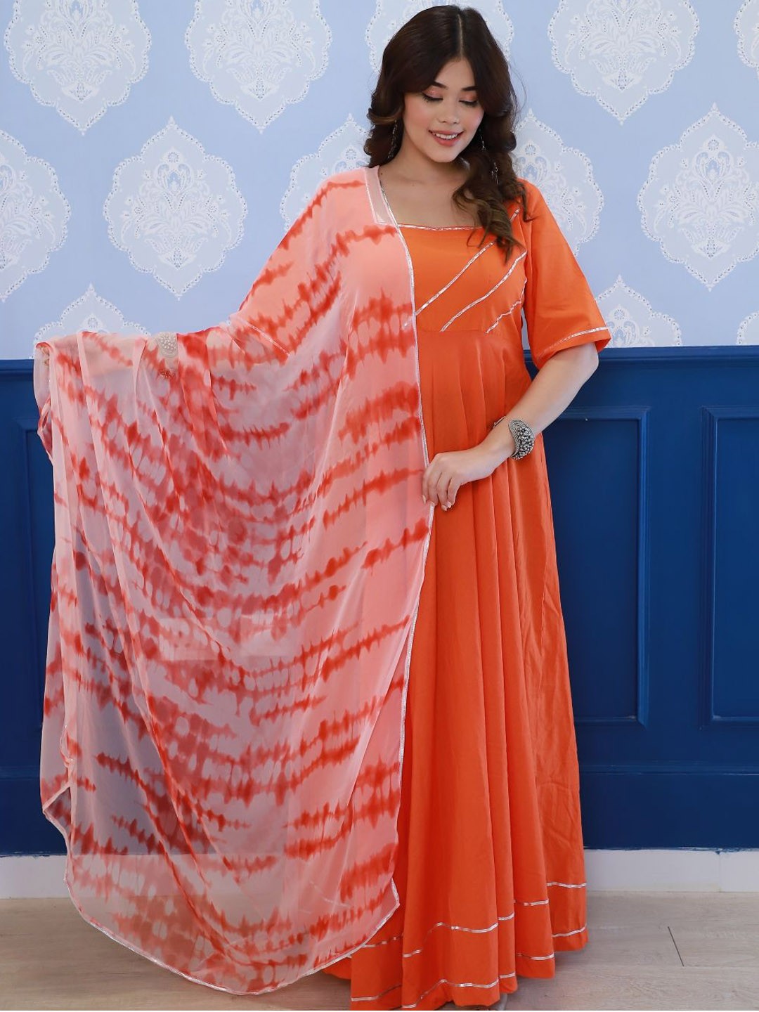 

Swadeshi Shringaar Solid Anarkali With Dupatta Ethnic Dress, Orange