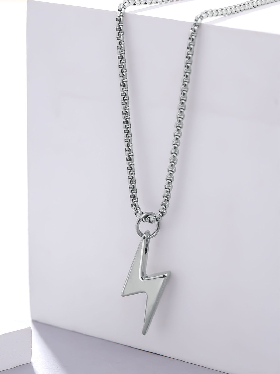 

Yellow Chimes Men Rhodium-Plated Stainless Steel Lightning Bolt Shaped Pendant with Chain, Silver